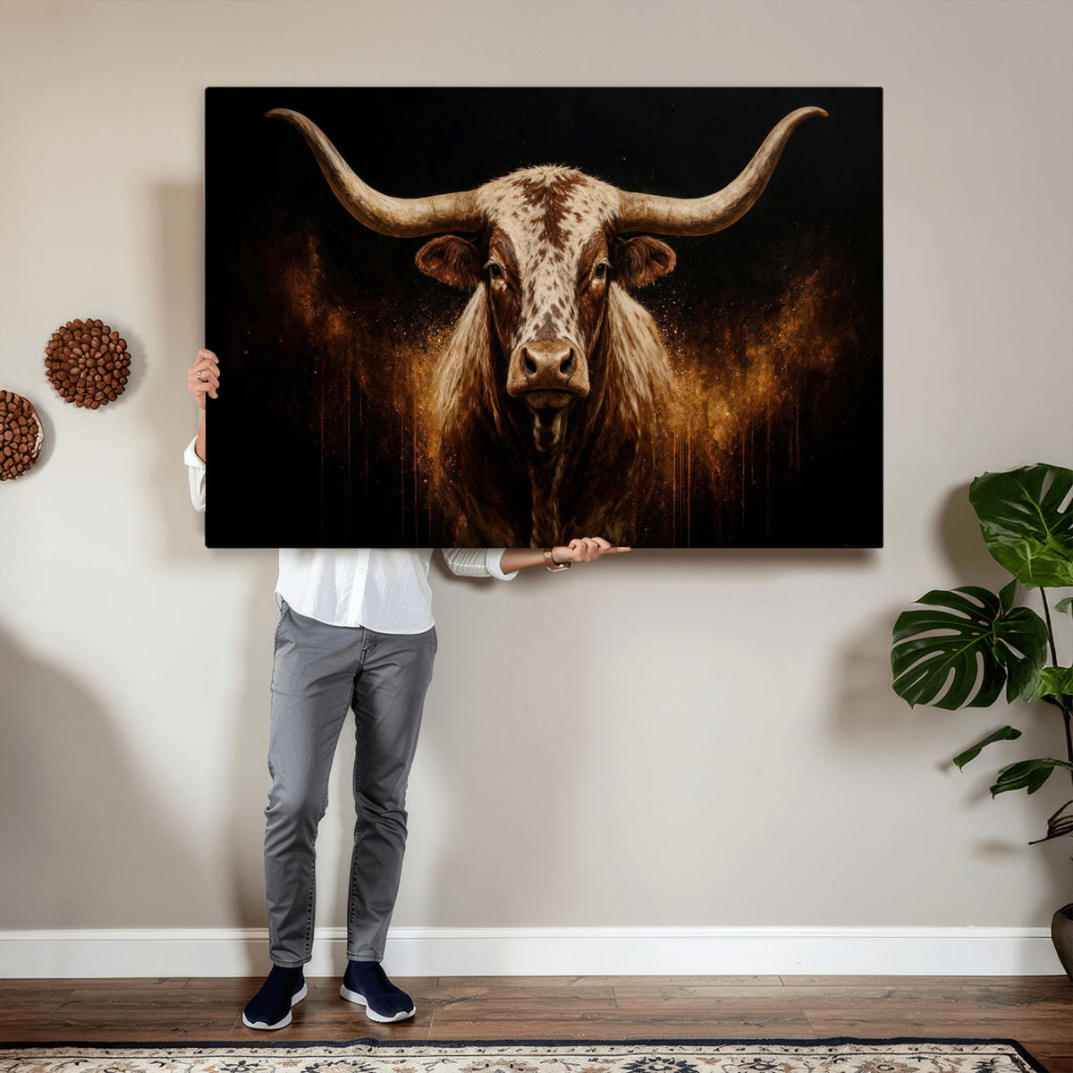 62076449-MGV-CV-36X24 - Texas Bull Cow Longhorn Canvas Wall Art Moody Western Bull Oil Painting Print