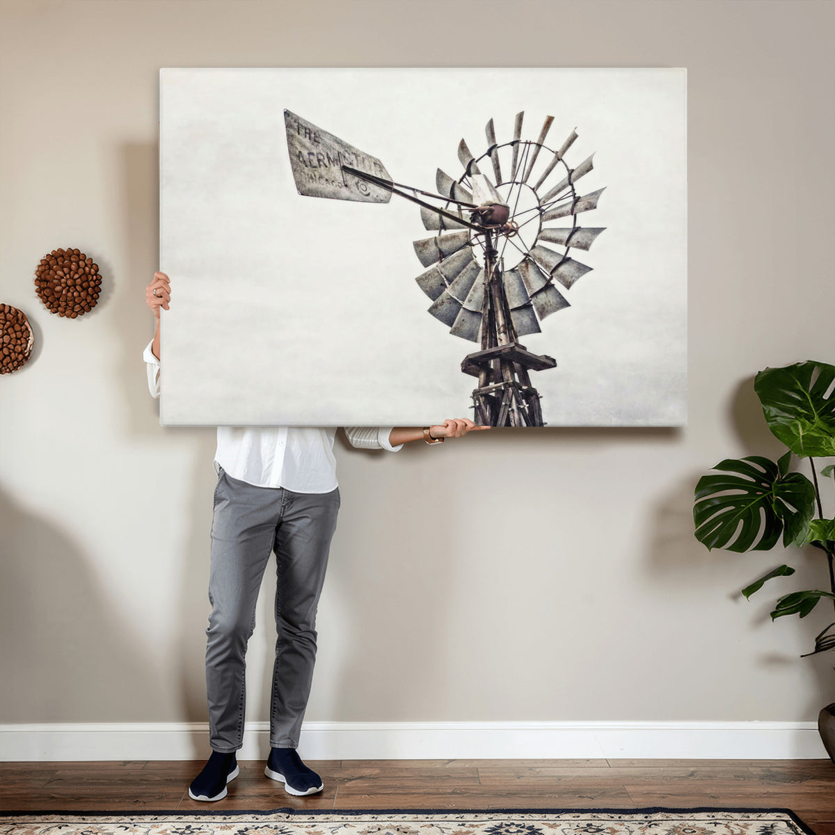 63200638-MGV-TP-24X36 - Vintage Rustic Farmhouse Windmill Canvas Wall Art - Western Country Landscape Print