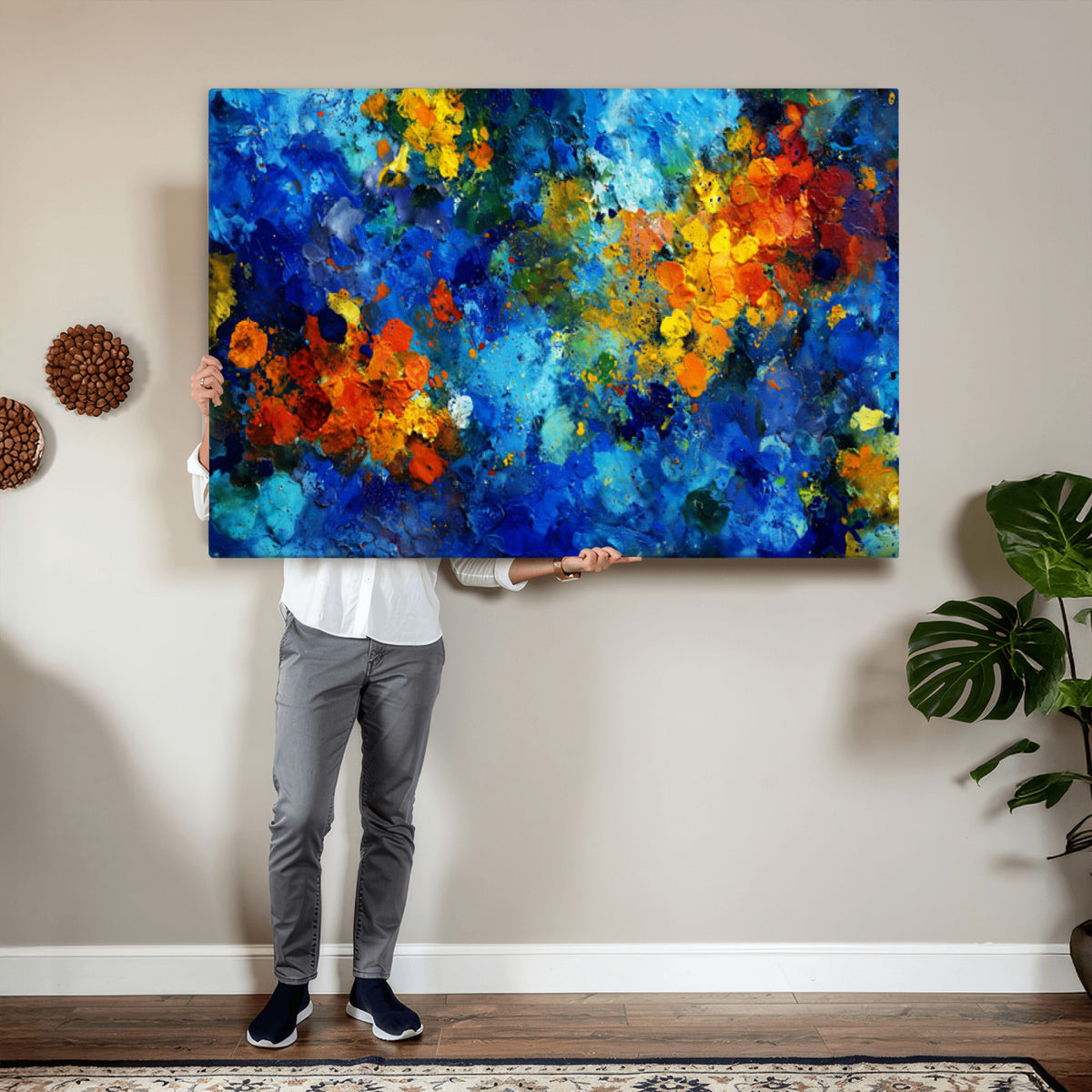52431611-MGV-CV-36X24 - Vibrant Blue Abstract Canvas Wall Art Colorful Impasto Oil Painting Print