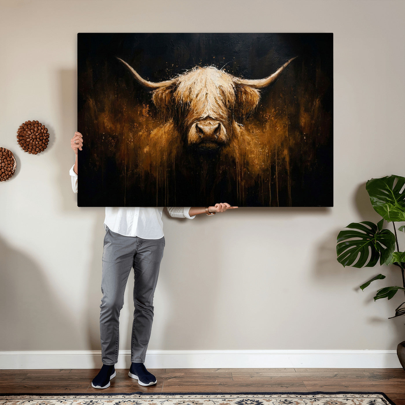 79873059-MGV-CV-36X24 - Rustic Highland Cow Canvas Print Dark Farmhouse Cattle Wall Decor