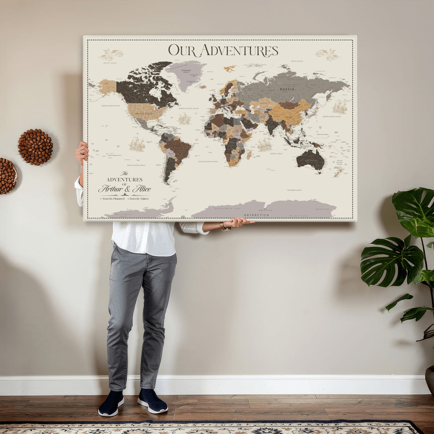58777746A-MGV-CV-36X24 - Push Pin Customize World Map Wall Art Canvas Print, Modern Decorative Framed Map Artwork Prints for Living Room, Office, Bedroom Wall Decor