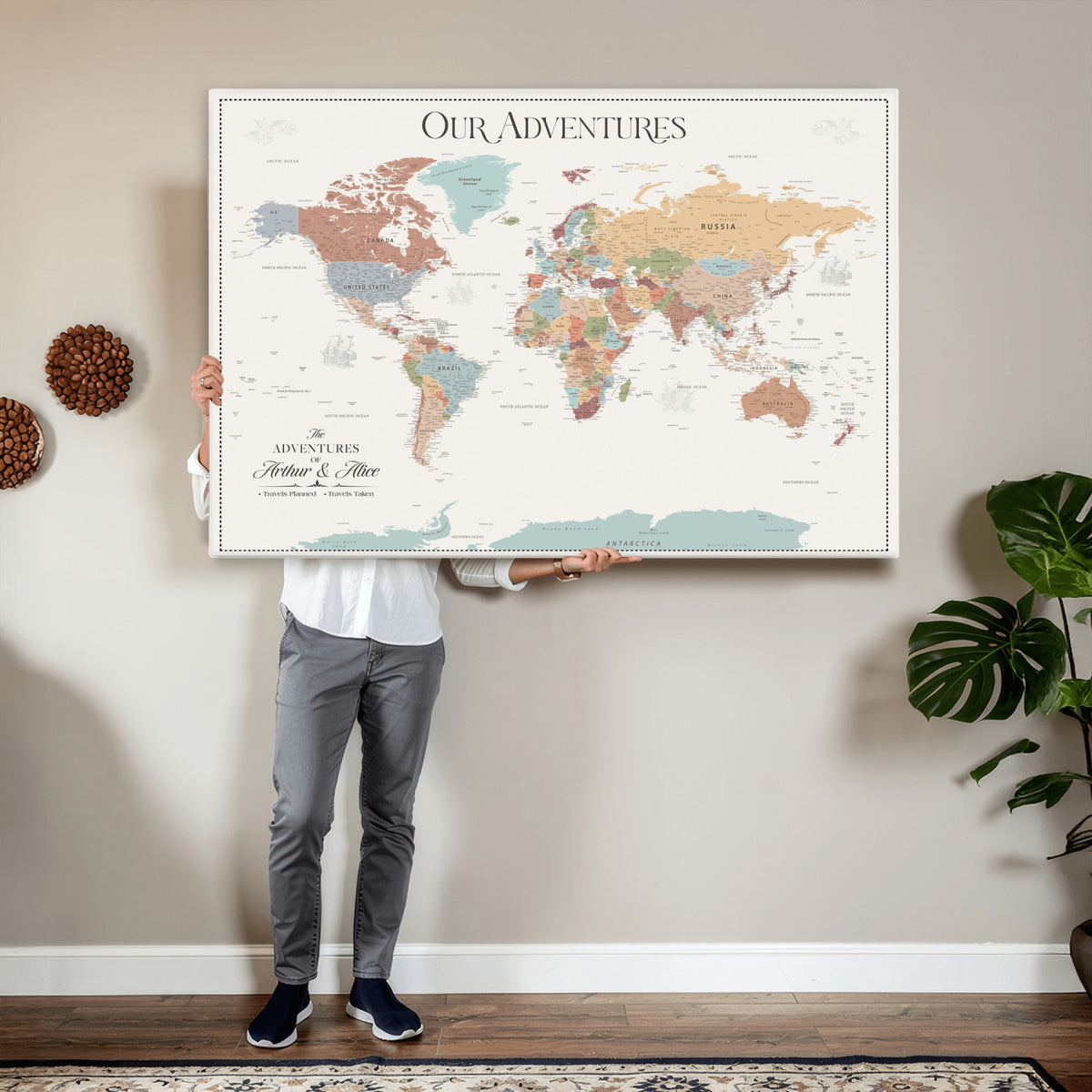 NEWMAP-4-MGV-CV-36X24 - Custom World Travel Map Wall Art with Pins, Places Visited Tracker, Family Room and Bedroom Decor