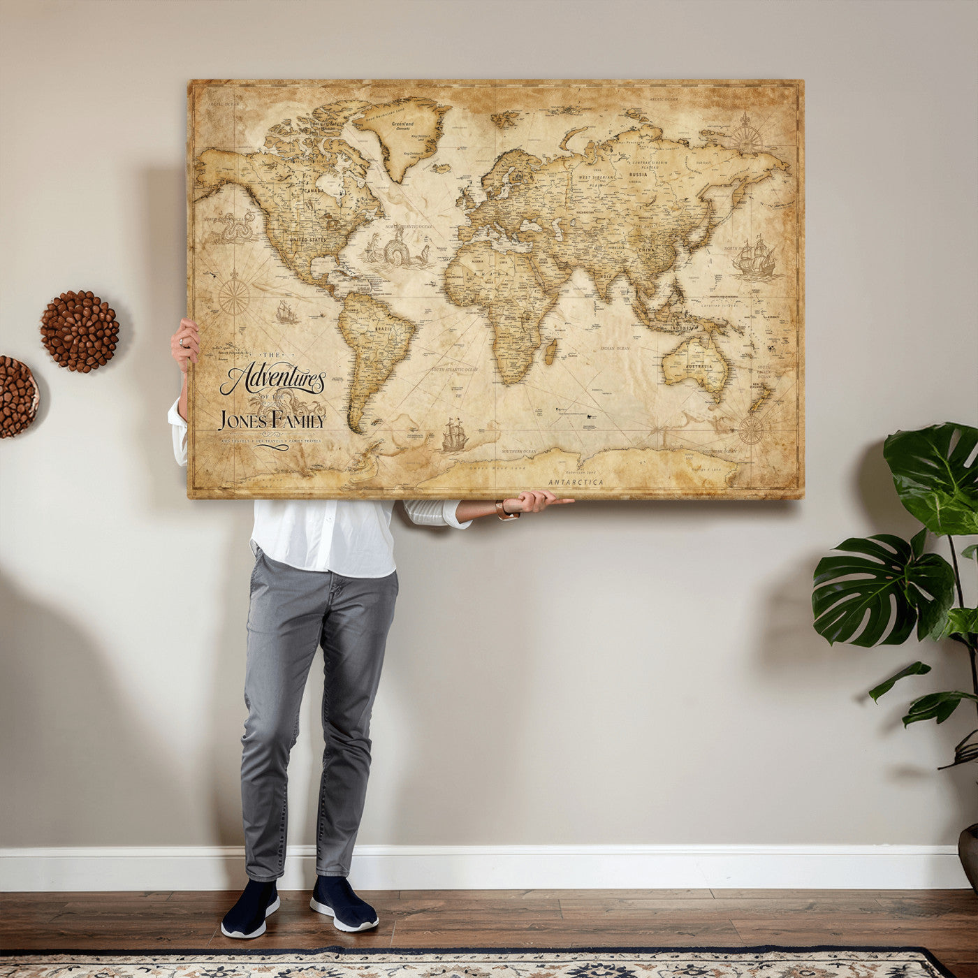 60956619-MGV-CV-36X24 - Custom Push Pin World Map Canvas Print – Personalized Travel Map Wall Art
