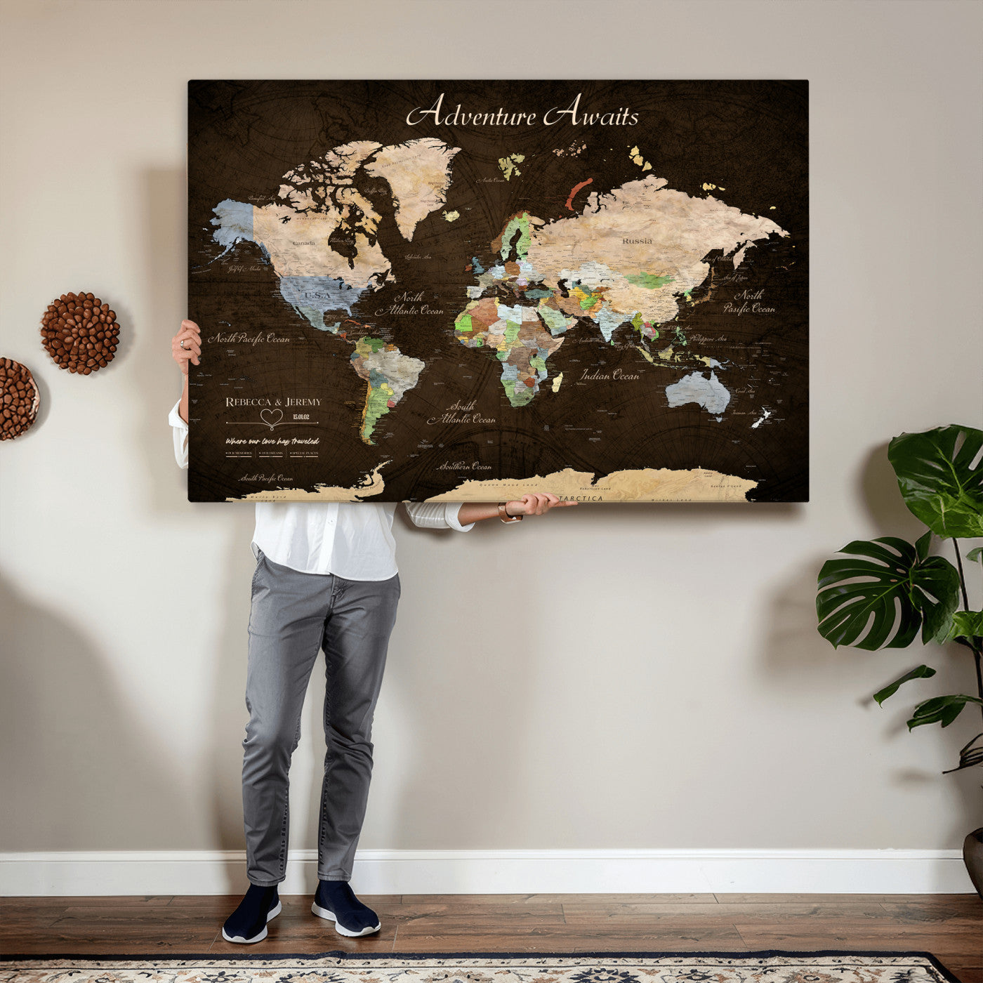 95753799-MGV-CV-36X24 - Custom Push Pin World Map Canvas Print – Personalized Travel Map Wall Art