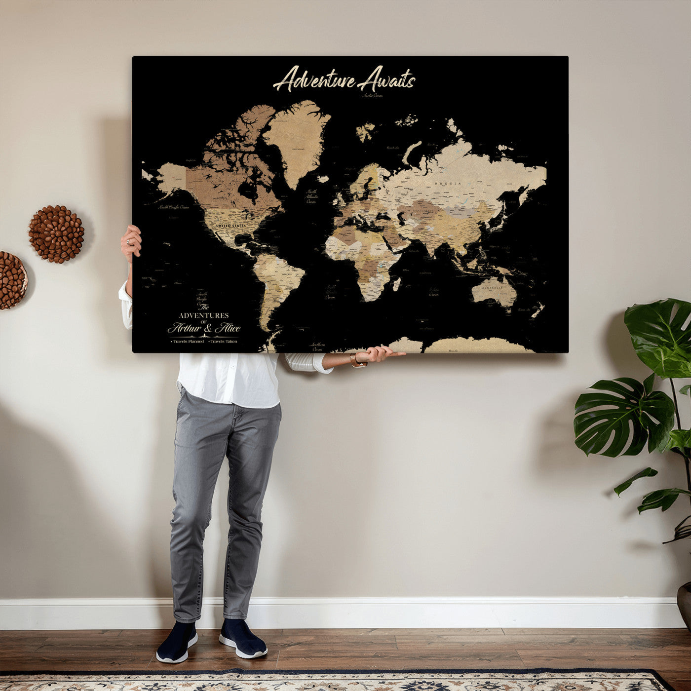 88415067-MGV-CV-36X24 - Custom Push Pin World Map Canvas Print – Personalized Travel Map Wall Art