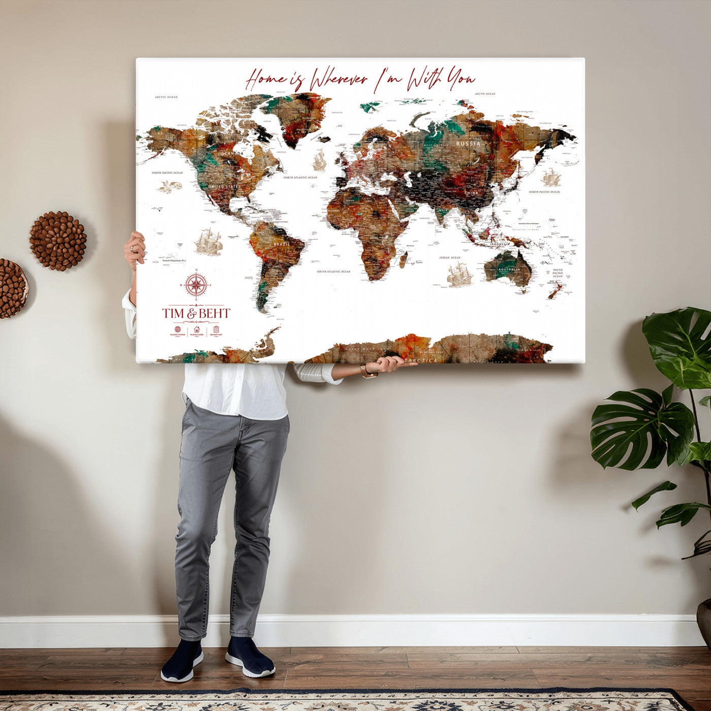 116MESUT-MGV-CV-36X24 - Custom Push Pin World Map Canvas Print – Personalized Travel Map Wall Art