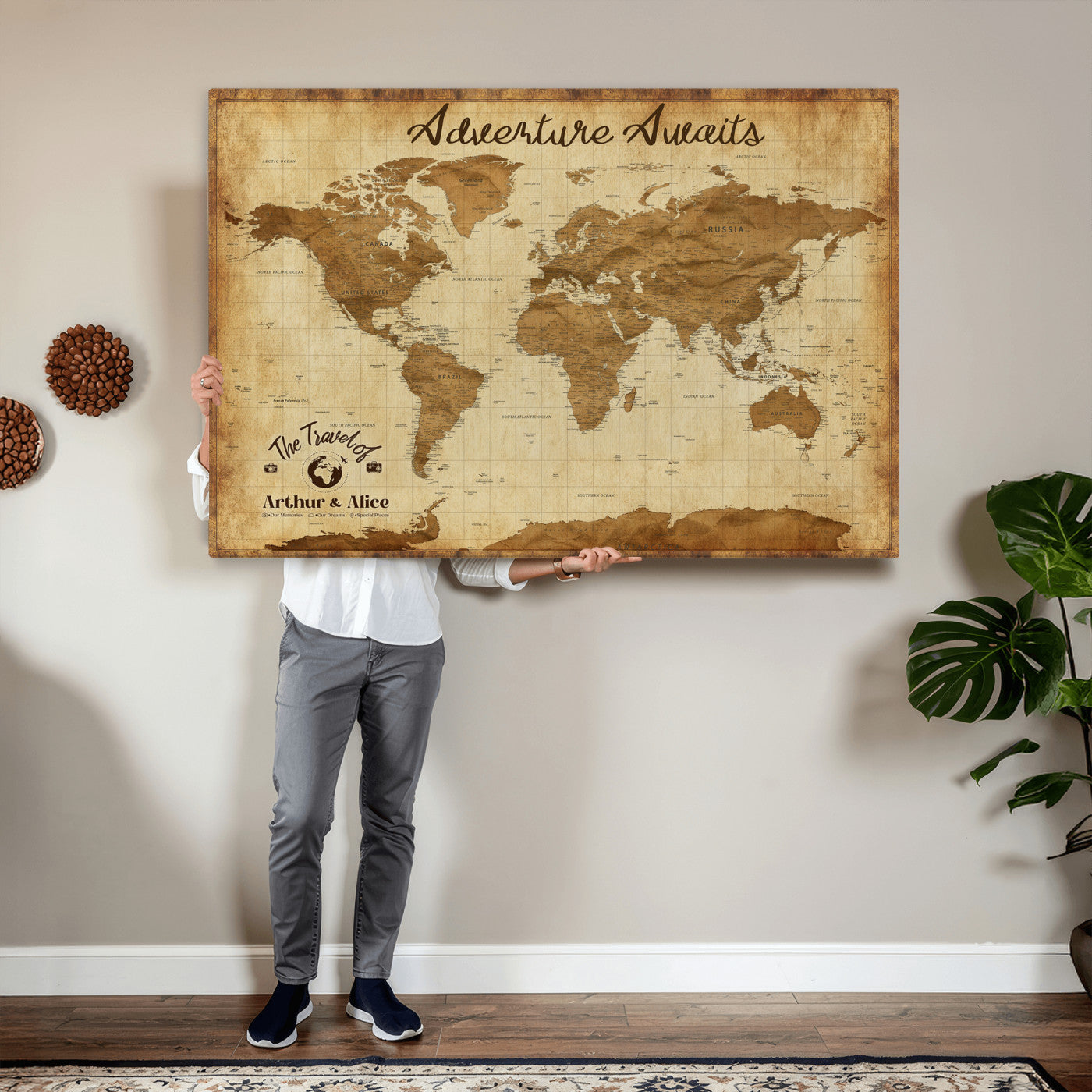 43427501-MGV-CV-36X24 - Custom Push Pin World Map Canvas Print – Personalized Travel Map Wall Art