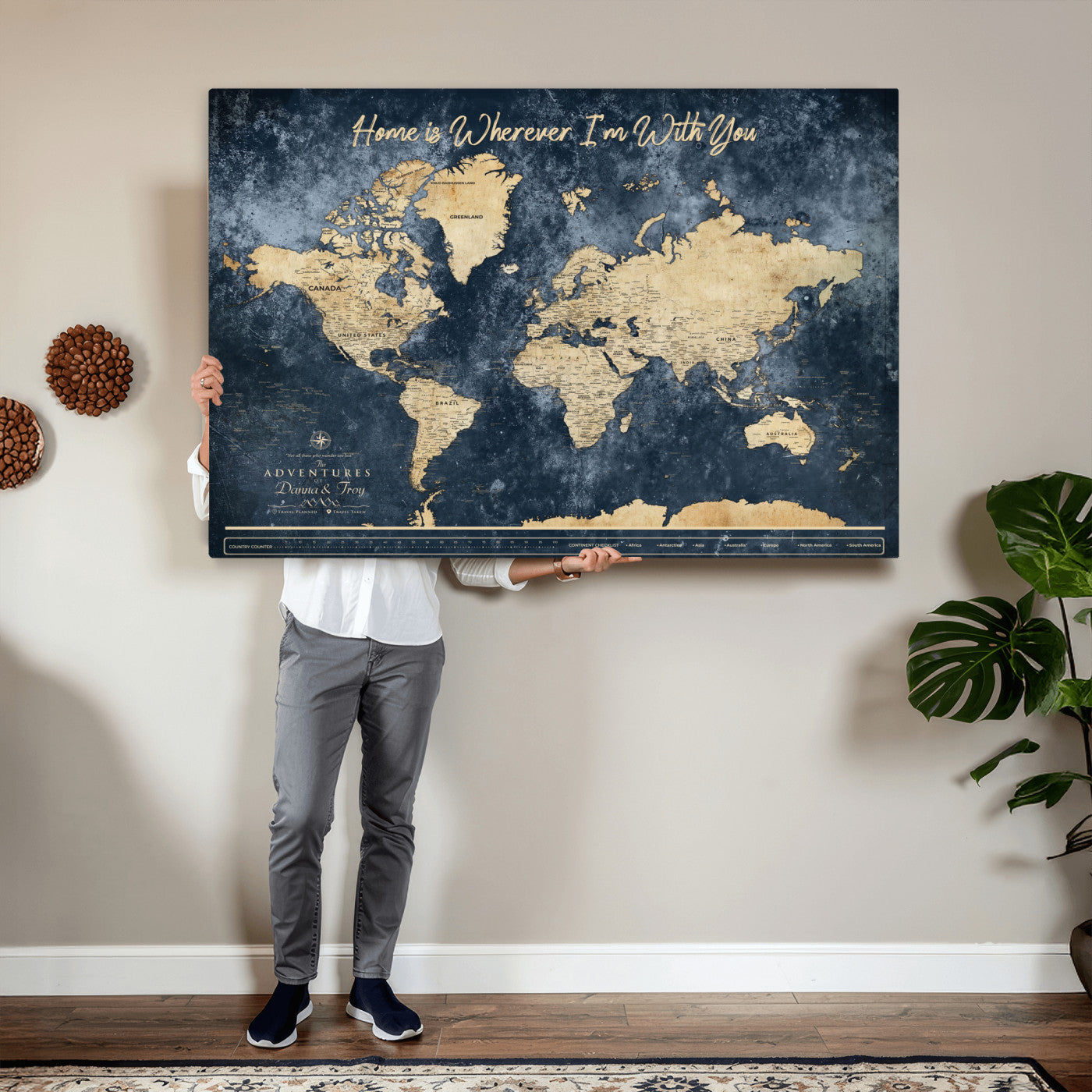 400867BL-MGV-CV-36X24 - Framed Blue Custom Push Pin World Map Canvas Print – Personalized Travel Map Wall Art