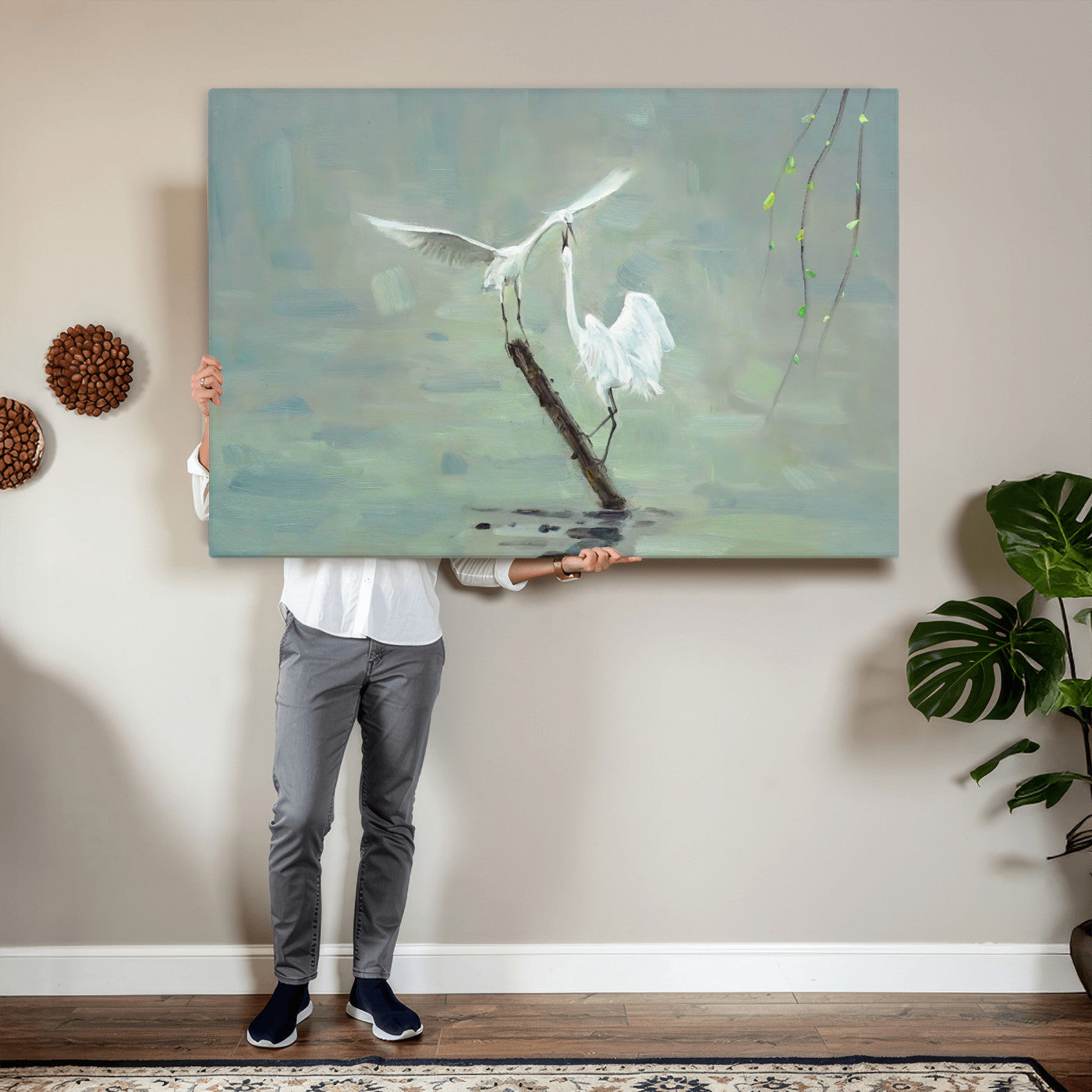 91124838-MGV-CV-36X24 - Two White Egrets on Marsh Branch Wall Art Canvas Print - Vintage Style Coastal Bird Poster