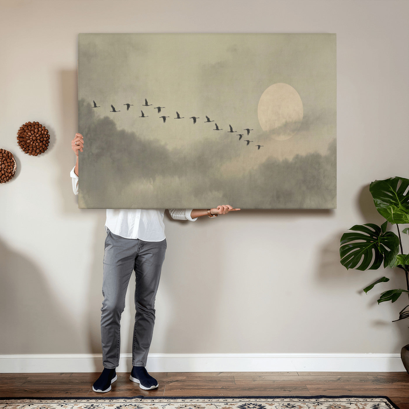 12098149-MGV-CV-36X24 - Flock of Birds Flying to Full Moon Wall Art Canvas Print - Vintage Surreal Clouds Painting