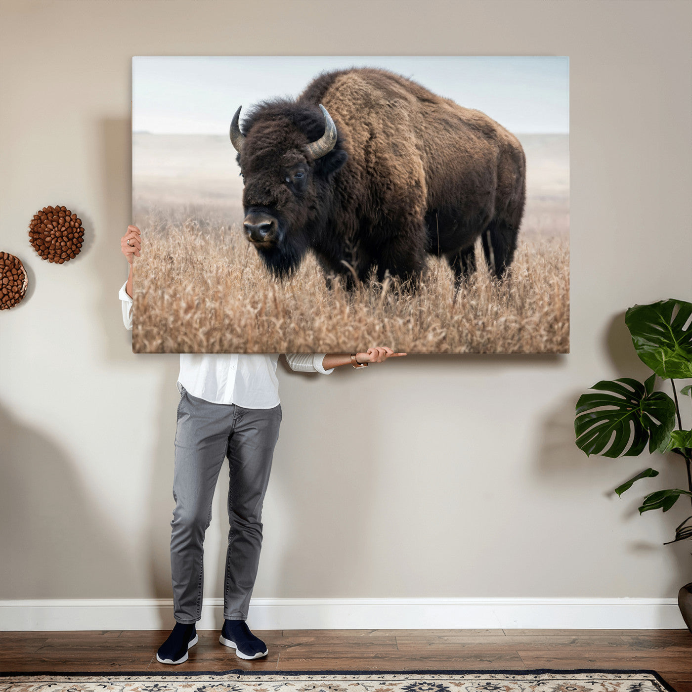 81029583-MGV-CV-36X24 - American Bison in Prairie Field Wall Art Canvas Print - Rustic Wildlife Photography