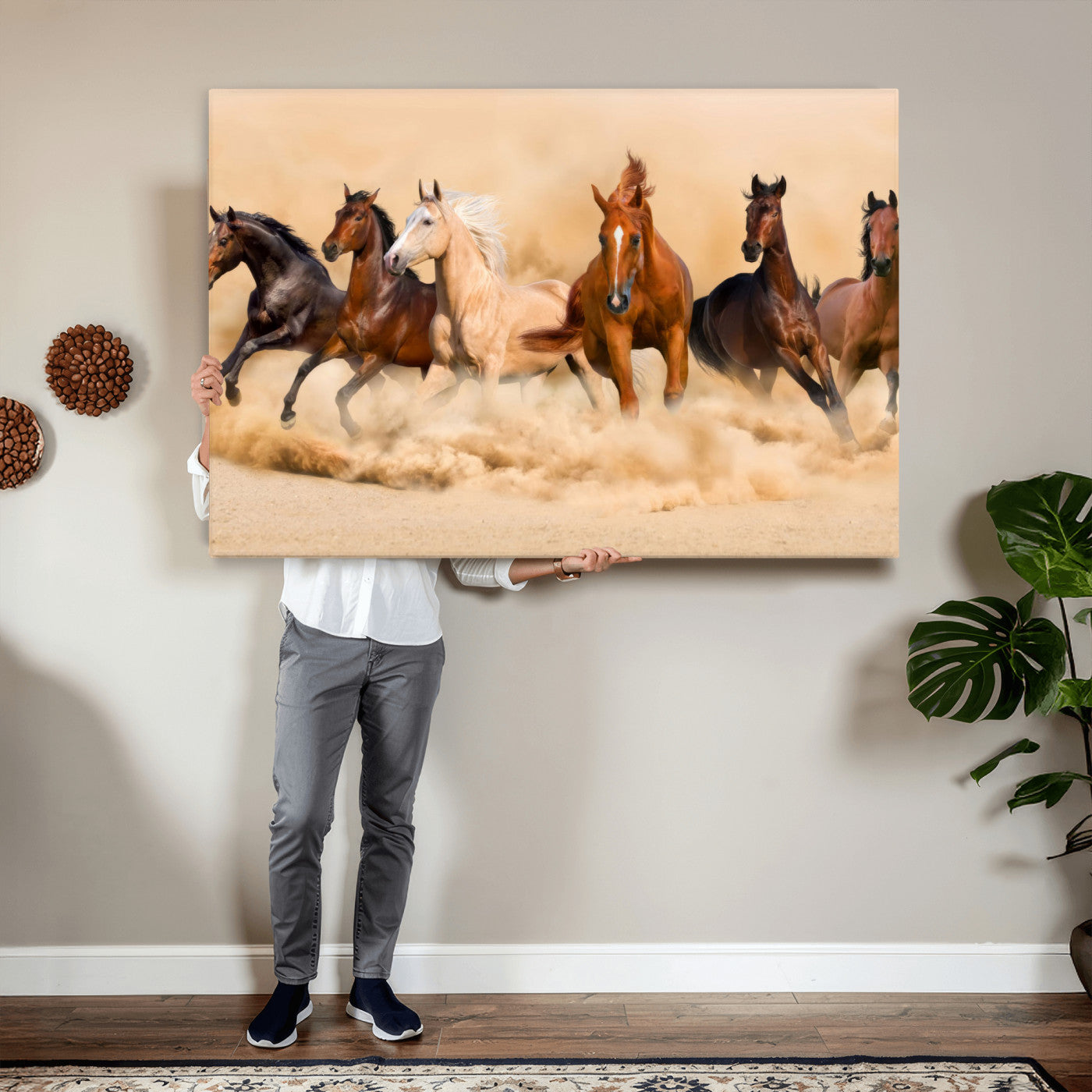90610949-MGV-CV-36X24 - Herd of Six Wild Horses Galloping in Dust Storm Wall Art Canvas Print - Majestic Wildlife Decor