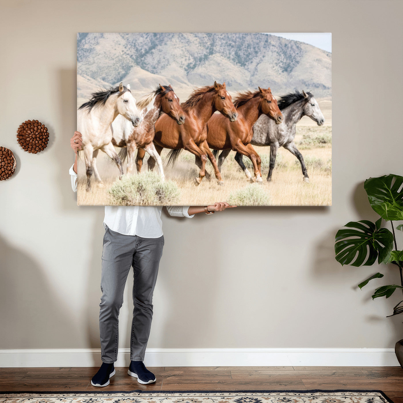 68345893-MGV-CV-36X24 - Five Mustangs Running Wild in Mountain Valley Wall Art Canvas Print - Rustic Western Decor