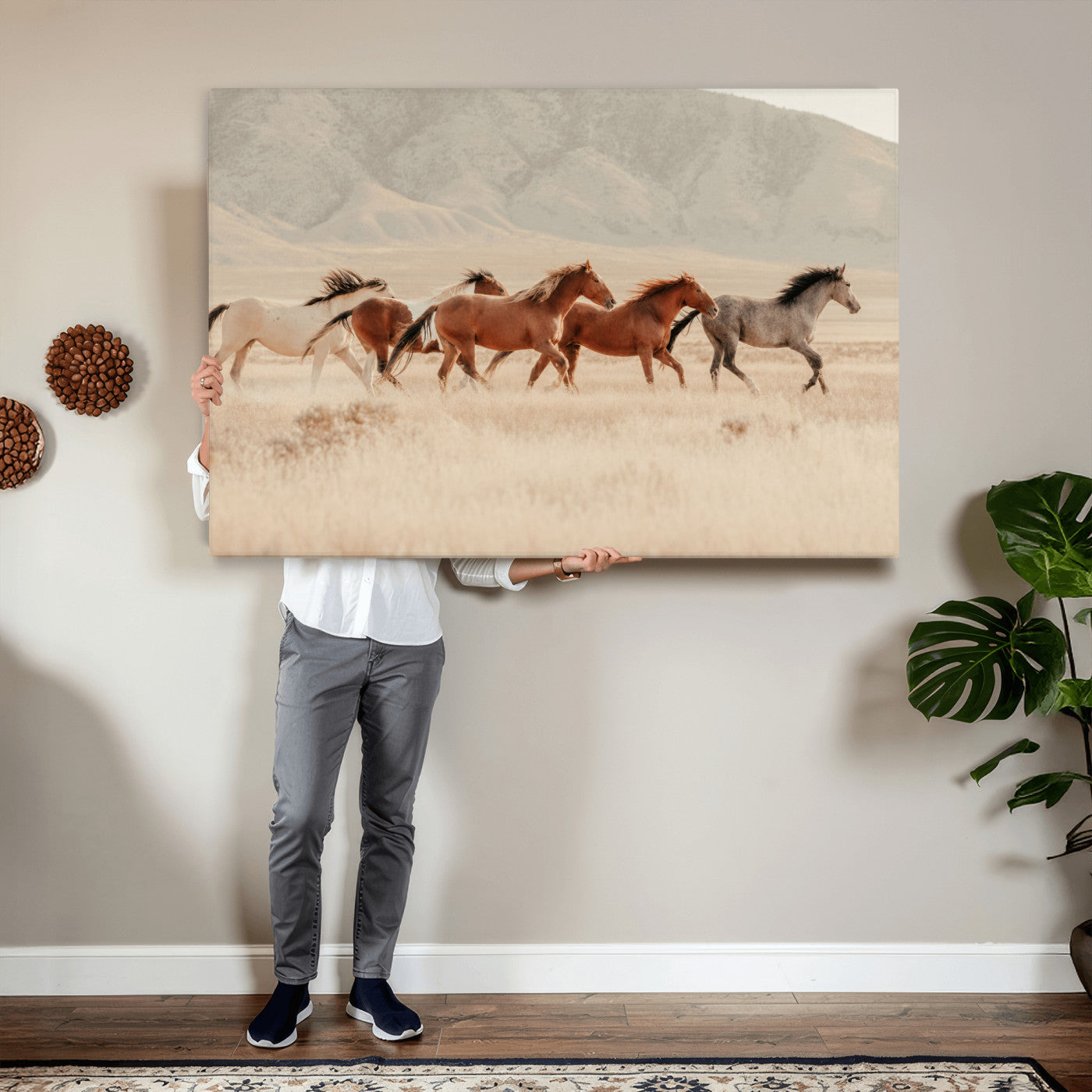 43348446-MGV-CV-36X24 - Herd of Wild Horses Running in Desert Mountain Wall Art Canvas Print - Boho Western Landscape
