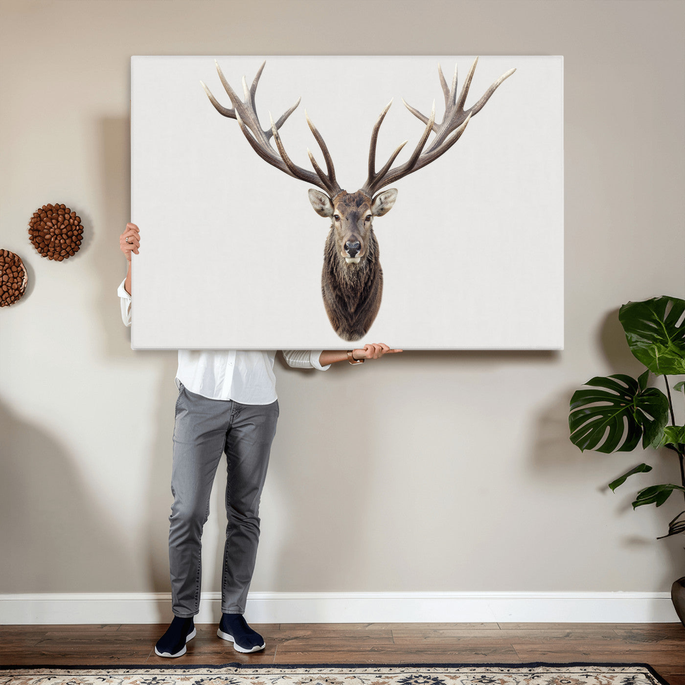 840173GY-MGV-CV-36X24 - Majestic Red Deer Canvas Wall Art – Stag Antlers Horns Print, Wildlife Hunting Poster, Rustic Cabin Lodge Decor