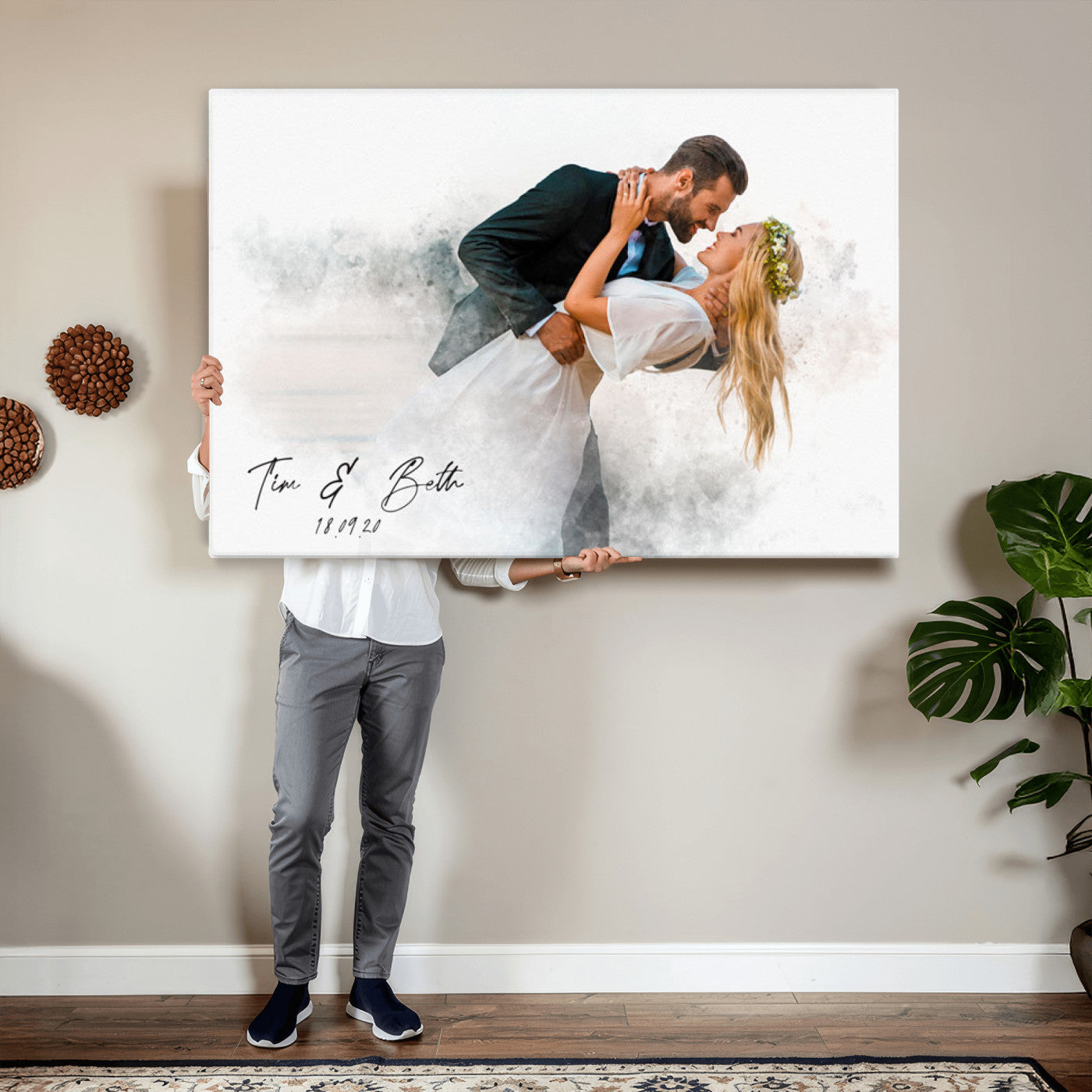 39726003-MGV-CV-36X24 - Watercolor Couple Portrait from Photo, Custom Wedding Anniversary Gift for Wife Husband Parents, Engagement Gift for Friend