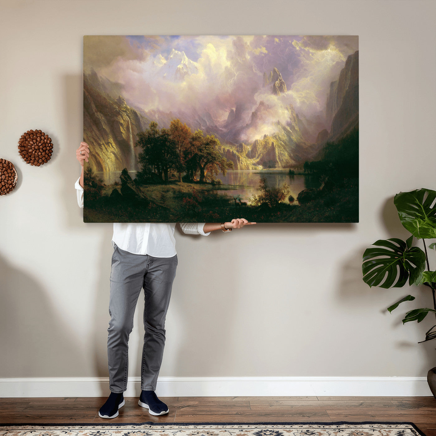 49189463-MGV-CV-36X24 - Albert Bierstadt Rocky Mountain Landscape Wall Art Canvas Print, Classic Fine Art Painting Print
