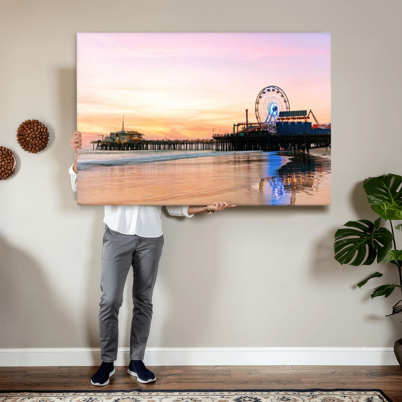 27381272-MGV-CV-36X24 - Santa Monica Pier Sunset Beach Wall Art Canvas Print, California Ferris Wheel Photo Print