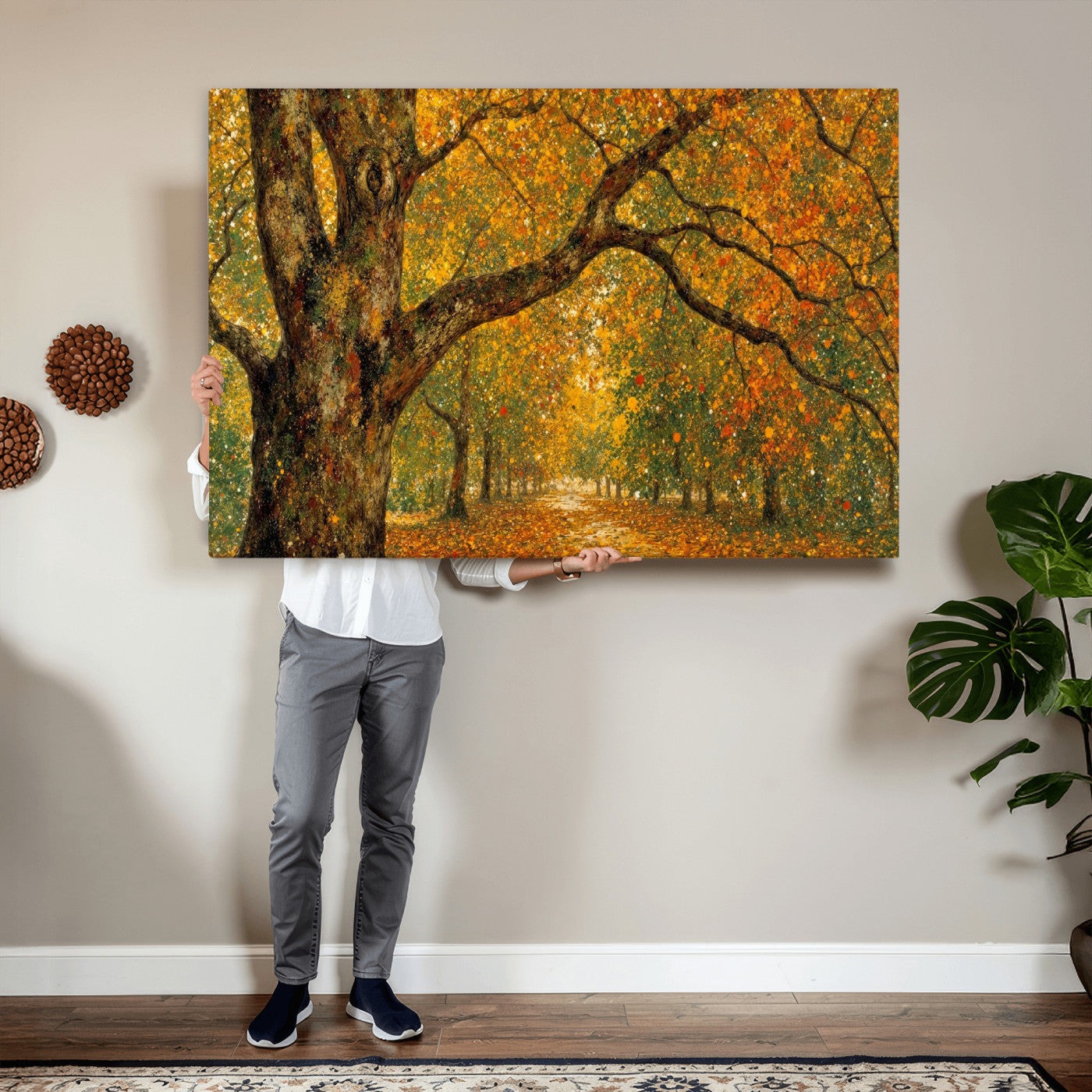 11536138-MGV-CV-36X24 - Vintage Autumn Forest Path Wall Art Canvas Print, Golden Leaves Impressionist Painting Print