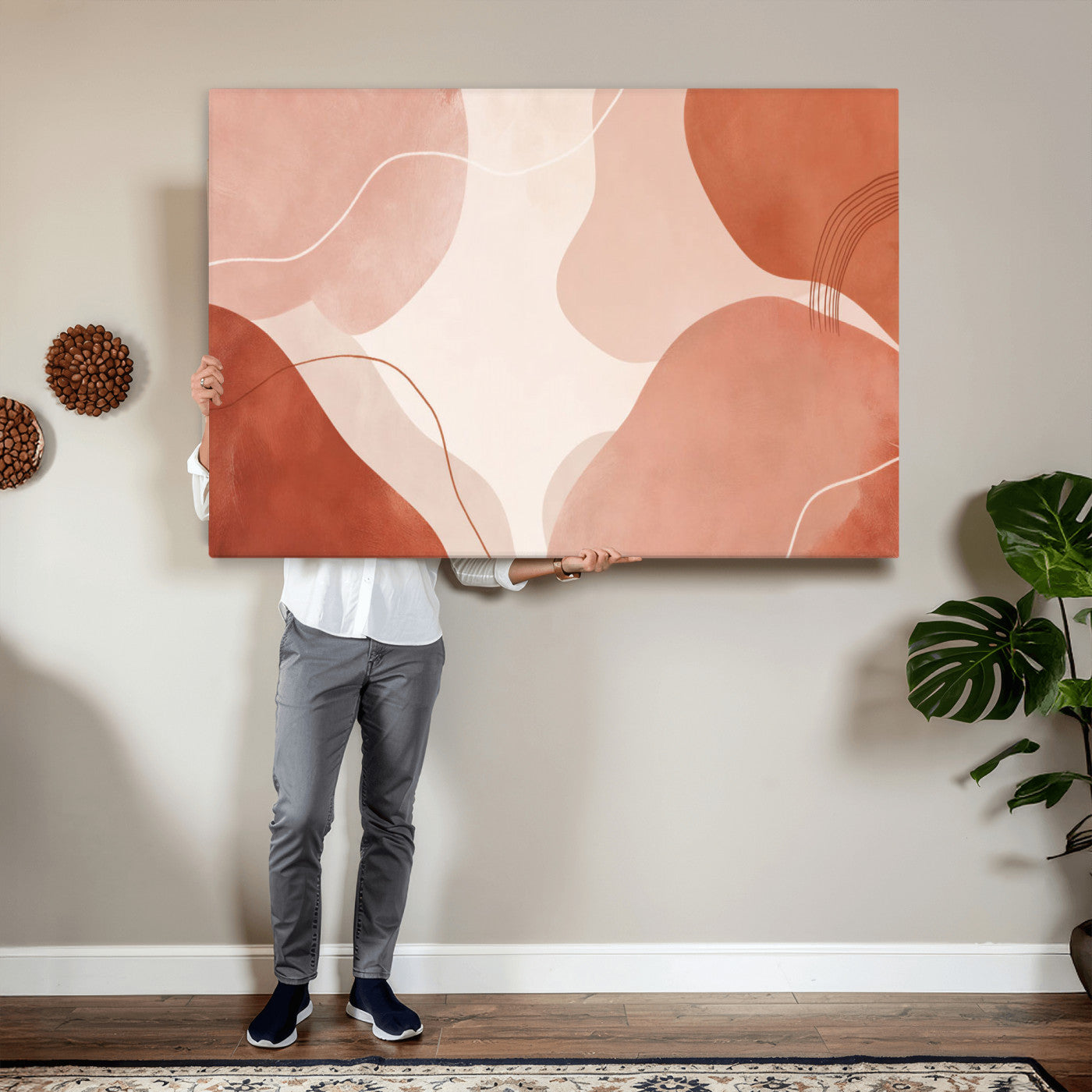 17685421-MGV-CV-36X24 - Abstract Boho Terracotta Wall Art Canvas Print, Mid Century Minimalist Painting Print