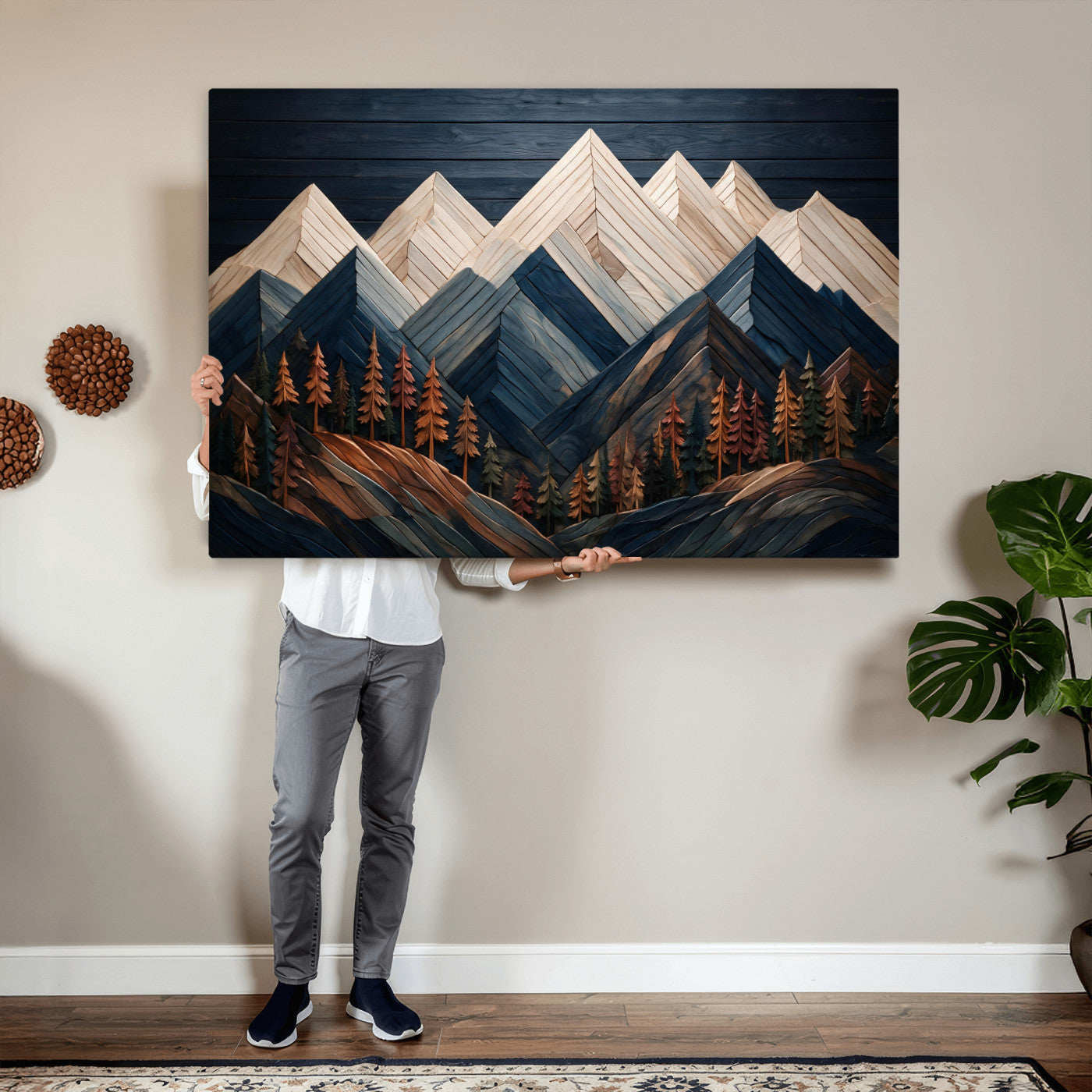 87765072-MGV-CV-36X24 - Geometric Wood Mountain Wall Art Canvas Print, 3D Look Rustic Mosaic Landscape Print