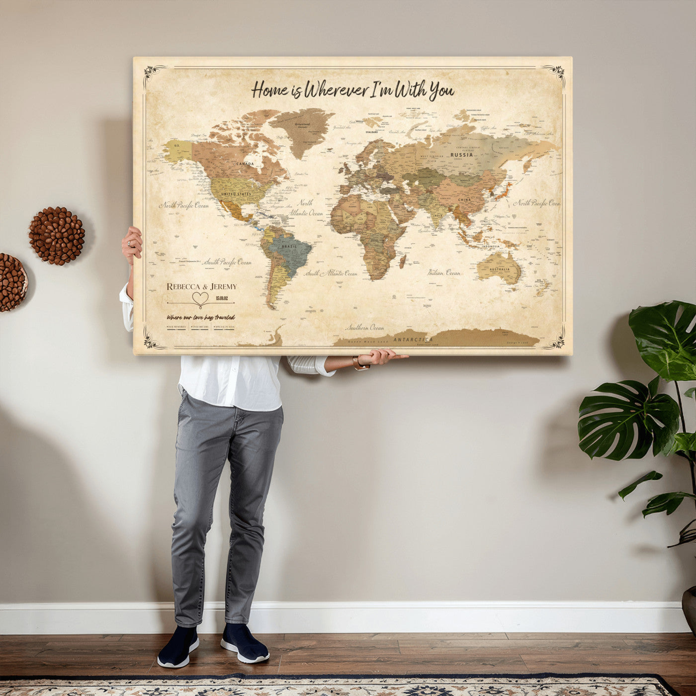 40086165SP-MGV-CV-36X24 - Custom Push Pin Travel Map Canvas Print, Cream Personalized Travel Tracker Map, Anniversary Gift, Vintage World Map Wall Art