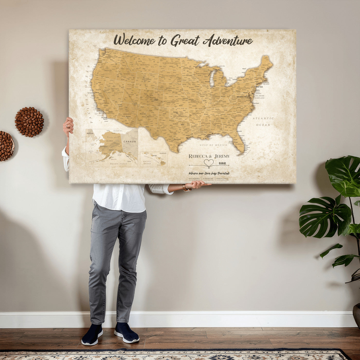 81437082-MGV-CV-36X24 - Custom Push Pin Travel USA Map Canvas Print, Cream Personalized Travel Tracker America Map, Anniversary Traveler Gift