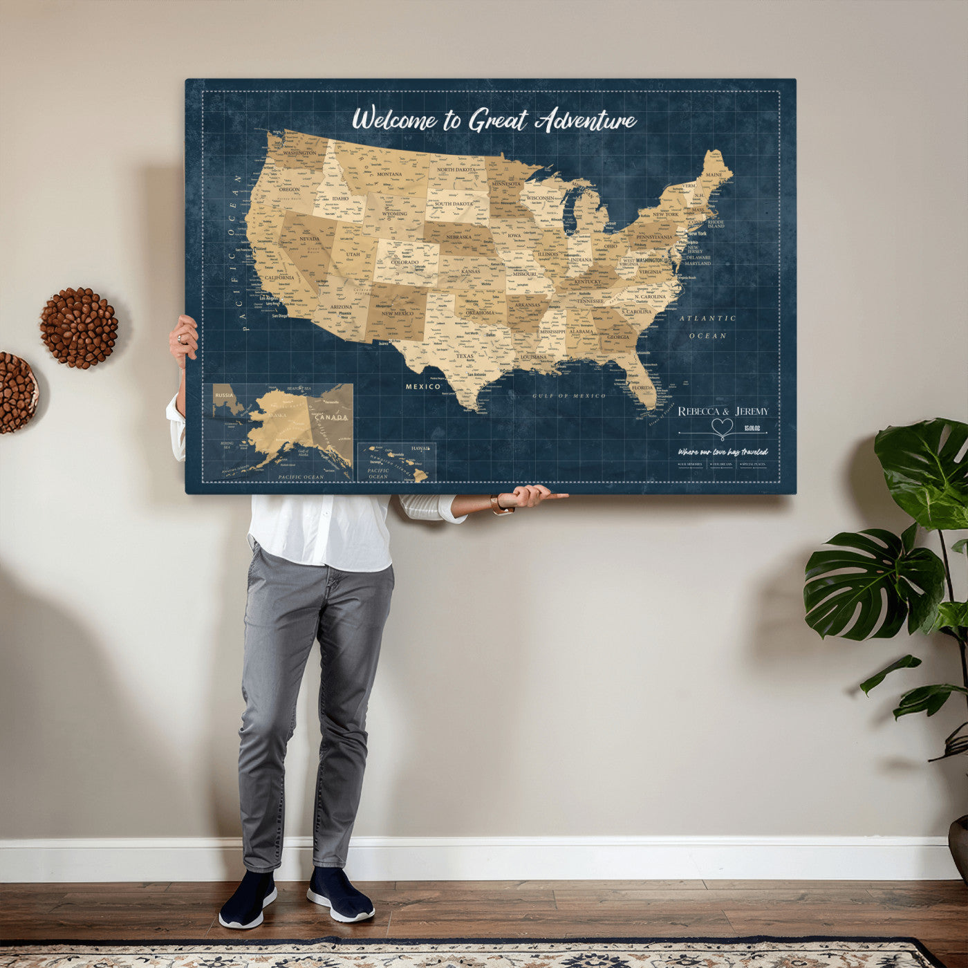 58851035-MGV-CV-36X24 - Custom Push Pin Travel USA Map Canvas Print, Cream Personalized Travel Tracker America Map, Anniversary Traveler Gift