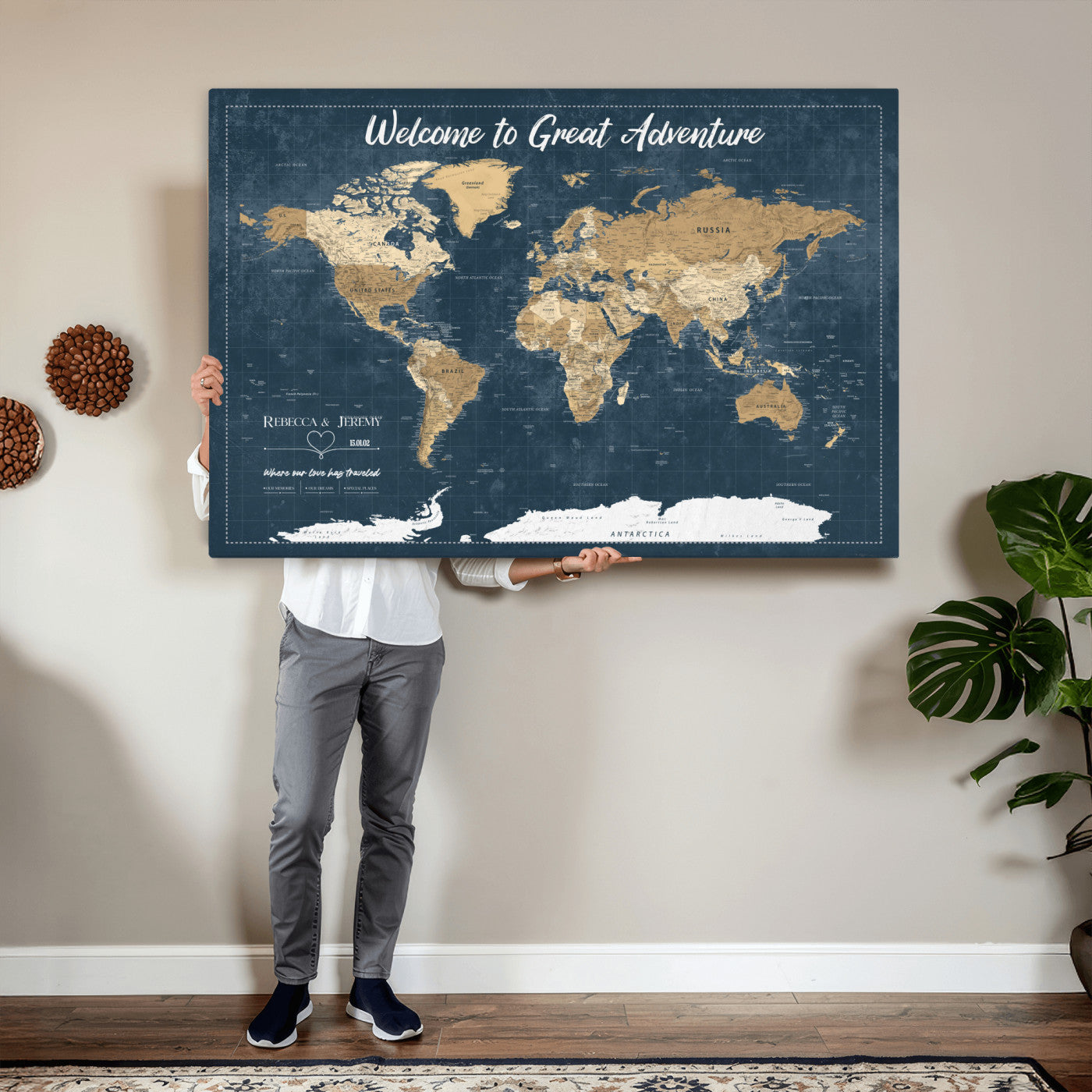 57167164-MGV-CV-36X24 - Custom Push Pin Travel Map Canvas Print, Cream Personalized Travel Tracker Map, Anniversary Gift, Vintage World Map Wall Art