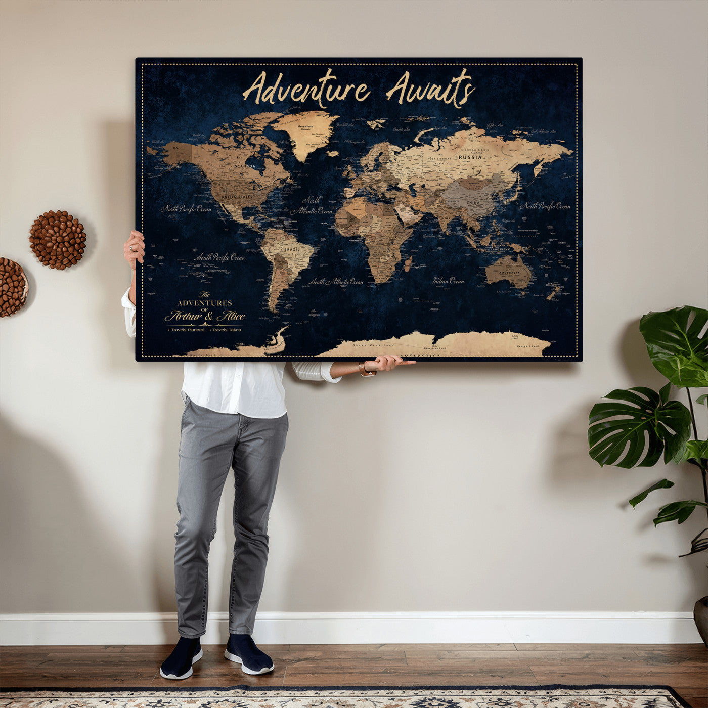 57167164-MGV-CV-36X24 - Custom Push Pin Travel Map Canvas Print, Navy Blue Personalized Travel Tracker Map, Anniversary Gift, Vintage World Map Wall Art
