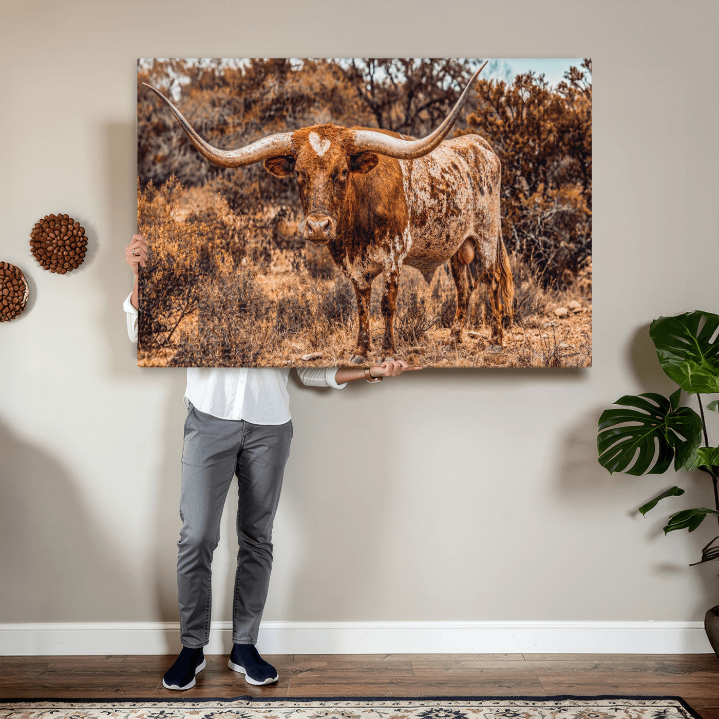 62076449-MGV-CV-36X24 - Texas Cow Bull Longhorn Print for Western Wall Art Decor for Farmhouse