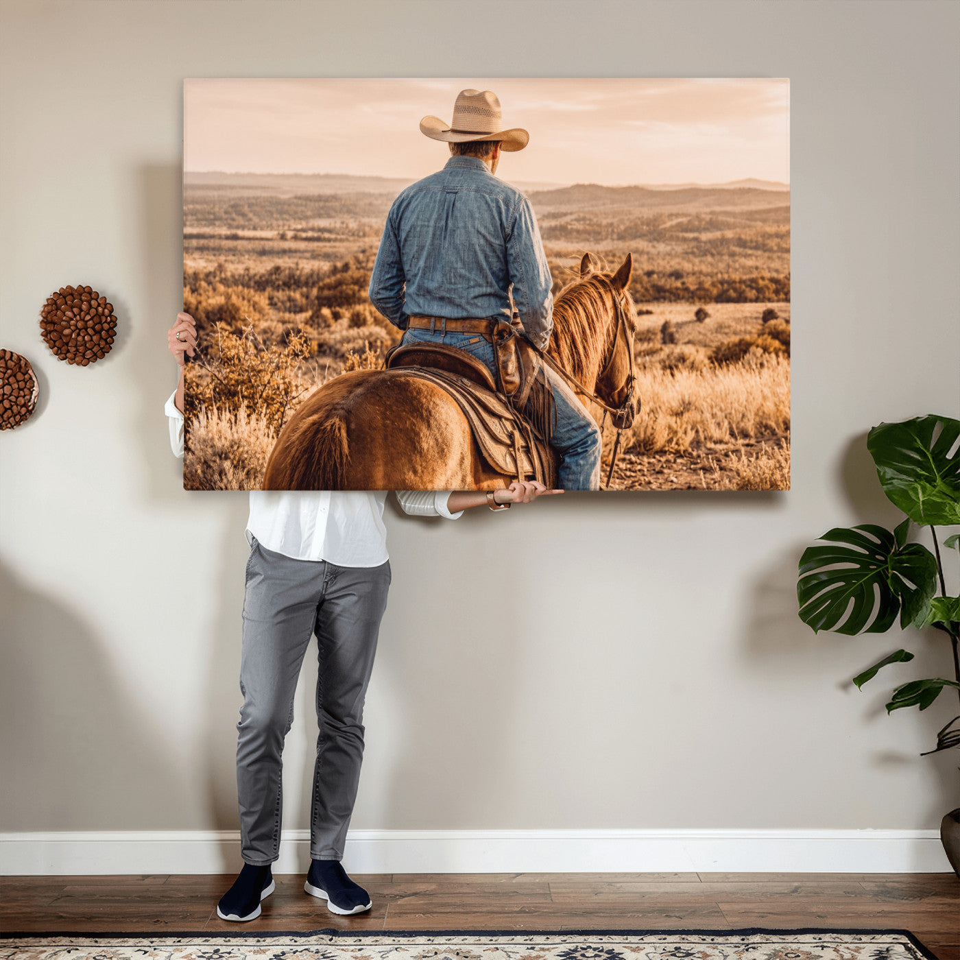 62076449-MGV-CV-36X24 - Texas Cowboy and Horse Print for Western Wall Art Decor for Farmhouse