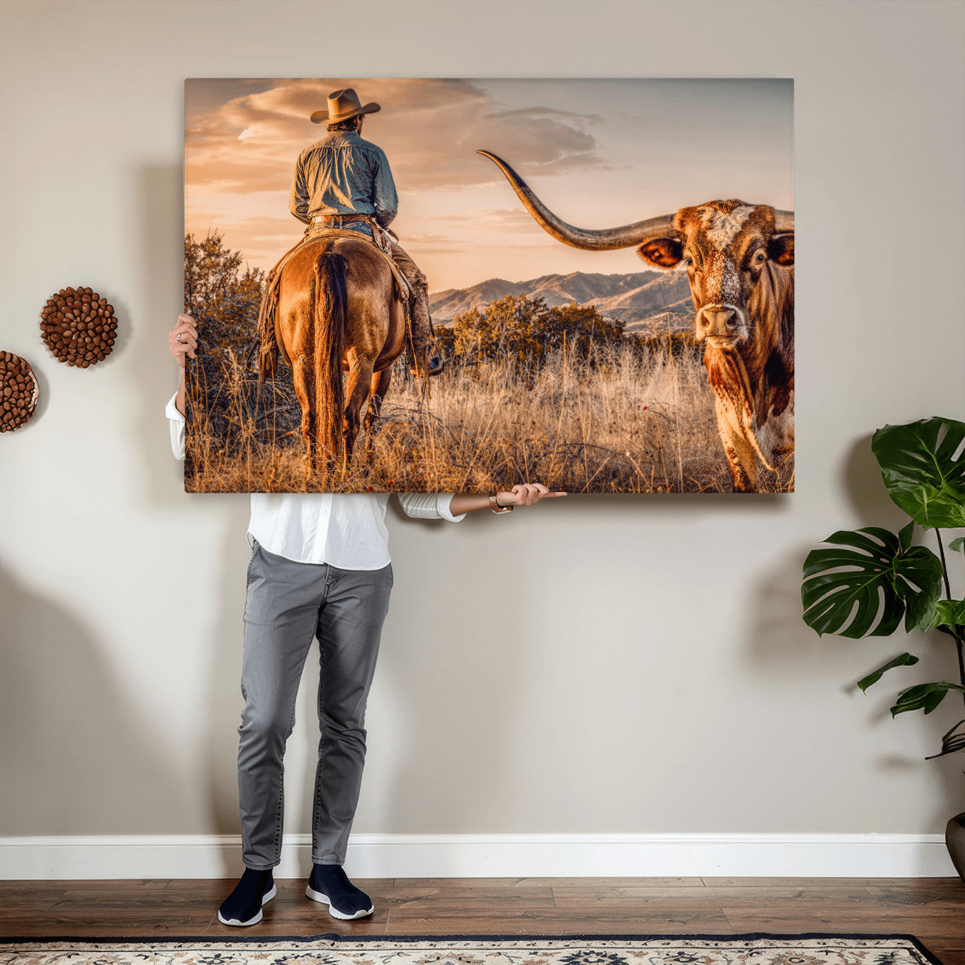 62076449C-MGV-CV-36X24 - Texas Cowboy and Longhorn Bull Print for Western Wall Art Decor for Farmhouse