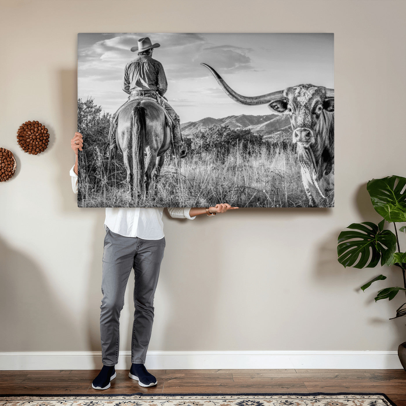 62076449WB-MGV-CV-36X24 - Texas Cowboy and Longhorn Bull Print for Western Wall Art Decor for Farmhouse