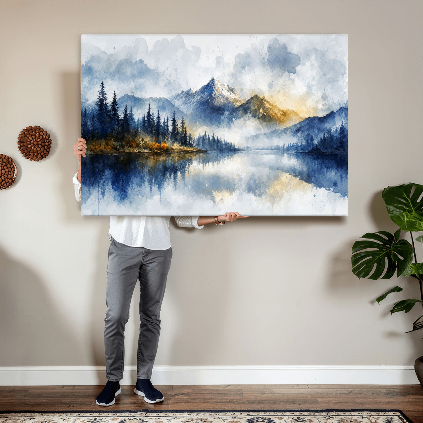 62076449DG-MGV-CV-36X24 - Abstract Watercolor Mountain Lake Wall Art Print for Living Room Decor
