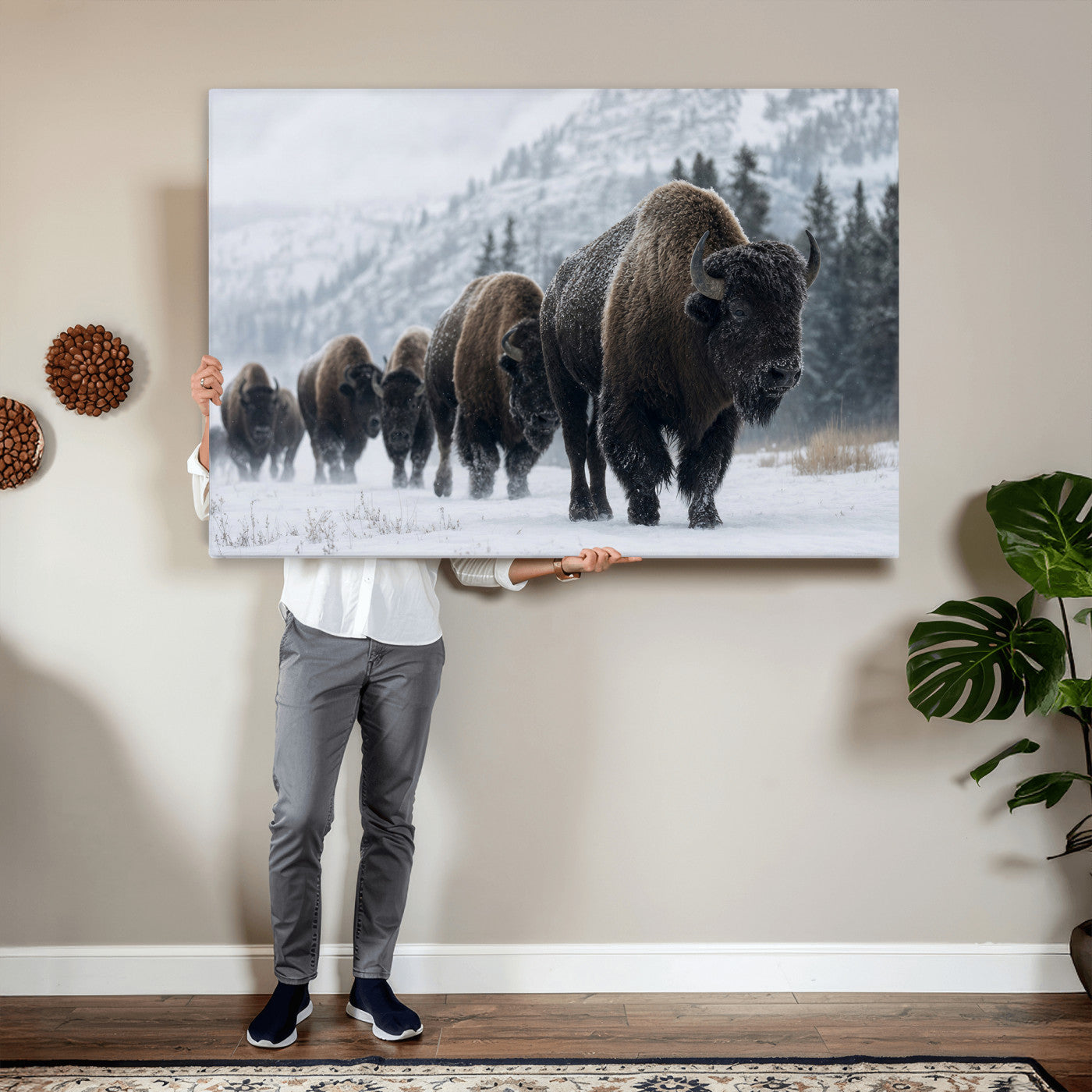 18343289-MGV-CV-36X24 - Rustic Bison Wall Art, American Buffalo Photo Print, Wildlife Canvas Artwork, Snowy Mountain Decor, Large Nature Poster, Cabin Gift Idea