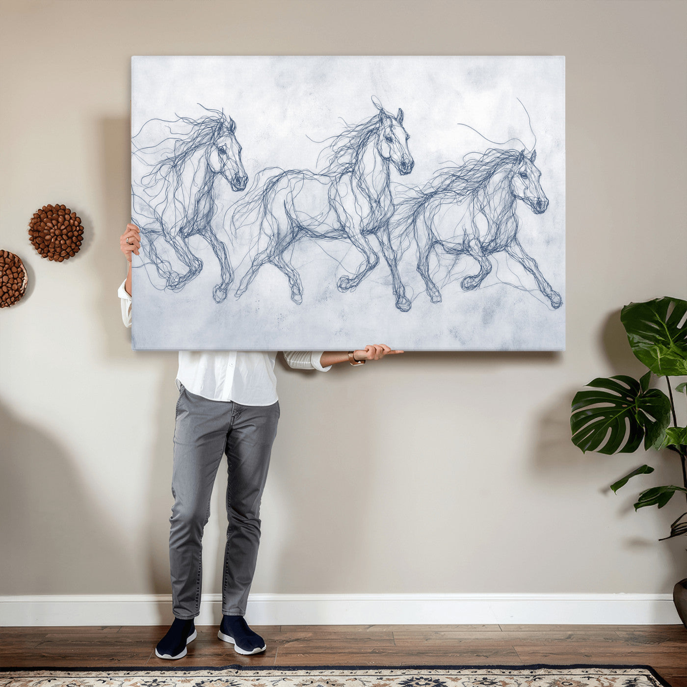 41163601-MGV-CV-36X24 - Indigo Blue Horse Line Art Canvas, Steel Grey Wild Horses Print, Abstract Navy Scribble Artwork, Modern Slate Equine Wall Decor, Coastal Ranch Gift