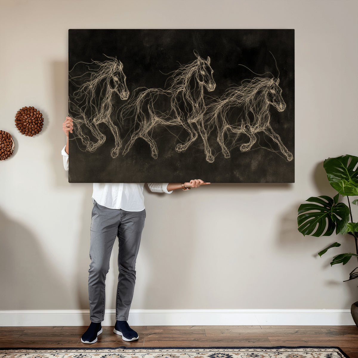 15344242-MGV-CV-36X24 - Dark Horse Line Art Canvas, Gold Scribble Wild Horses Print, Black Chalkboard Wall Art, Modern Luxury Equine Decor, Masculine Office Gift