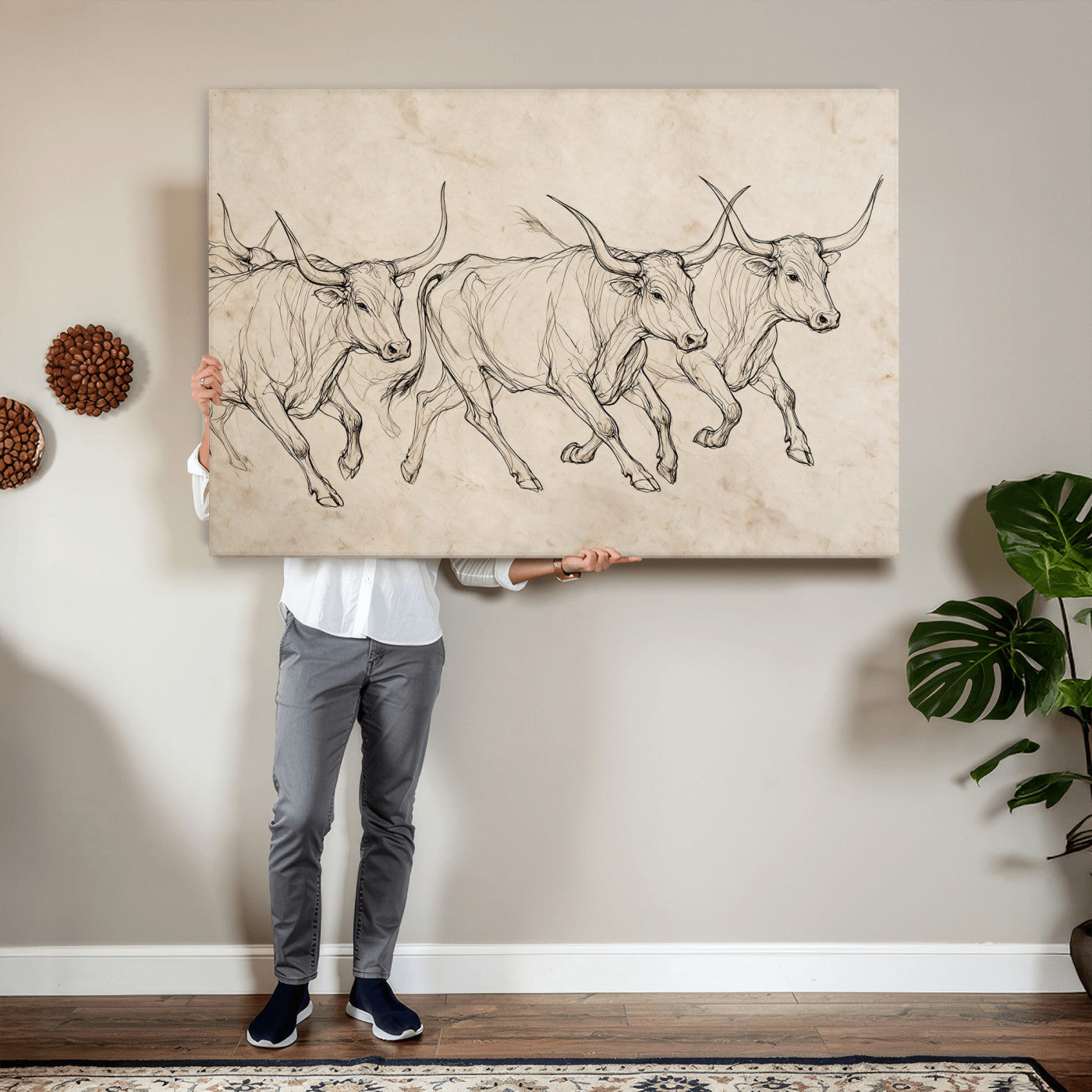 87177621-MGV-CV-36X24 - Minimalist Longhorn Line Art, Modern Texas Bull Canvas Print, Abstract Western Wall Decor, Continuous Line Artwork, Black White Ranch Gift
