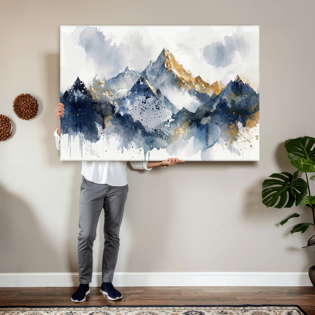 87460616-MGV-CV-36X24 - Abstract Mountain Canvas Wall Art, Blue Gold Foil Landscape Print, Modern Indigo Watercolor Poster, Large Abstract Nature, Luxury Office Gift