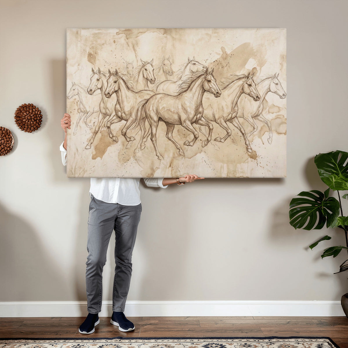 52233469-MGV-CV-36X24 - Vintage Horse Sketch Canvas Wall Art, Wild Horses Pencil Drawing Print, Antique Parchment Western Decor, Equine Sketching, Country Manor Gift