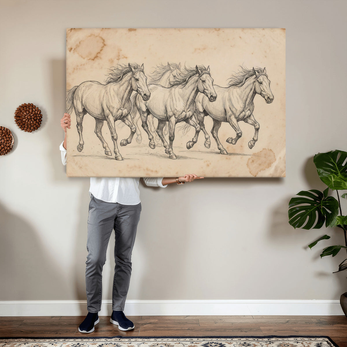 16644391-MGV-CV-36X24 - Vintage Horse Sketch Canvas Wall Art, Wild Horses Pencil Drawing Print, Antique Parchment Western Decor, Equine Sketching, Country Manor Gift