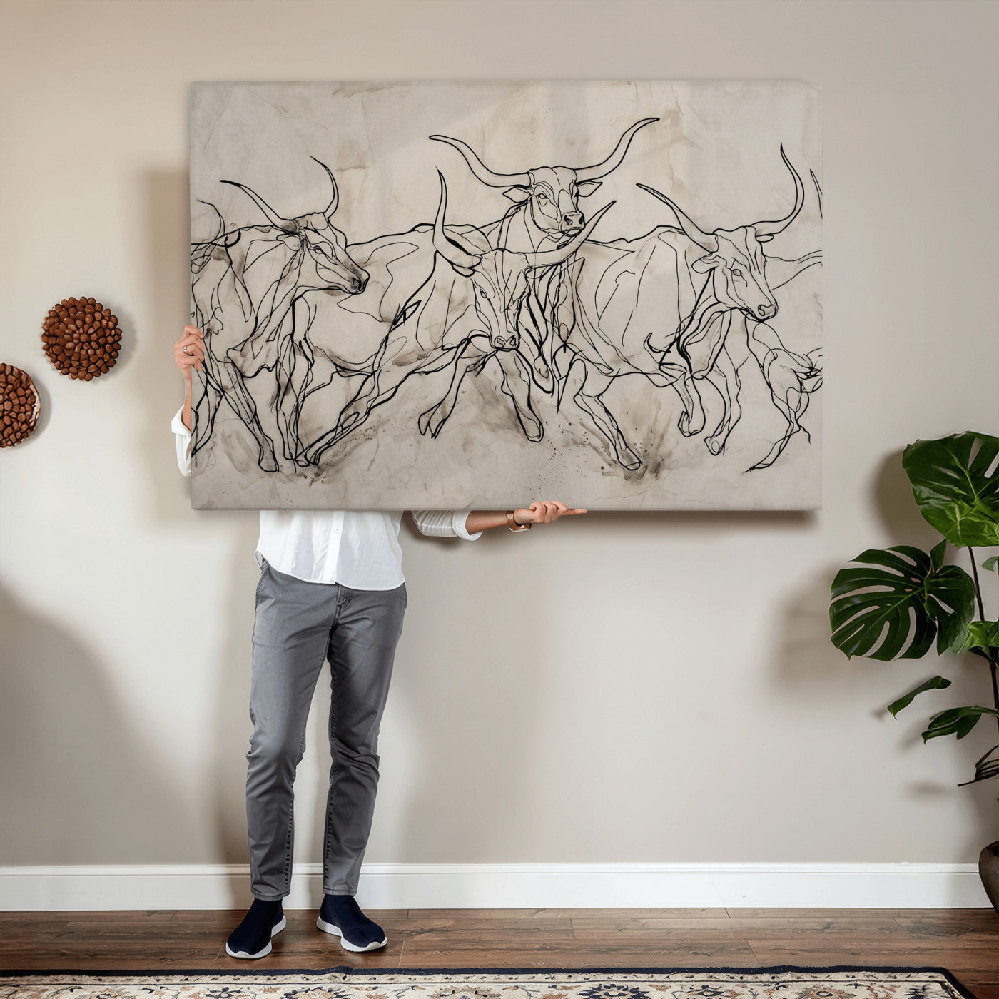 16671245-MGV-CV-36X24 - Minimalist Longhorn Line Art, Modern Texas Bull Canvas Print, Abstract Western Wall Decor, Continuous Line Artwork, Black White Ranch Gift