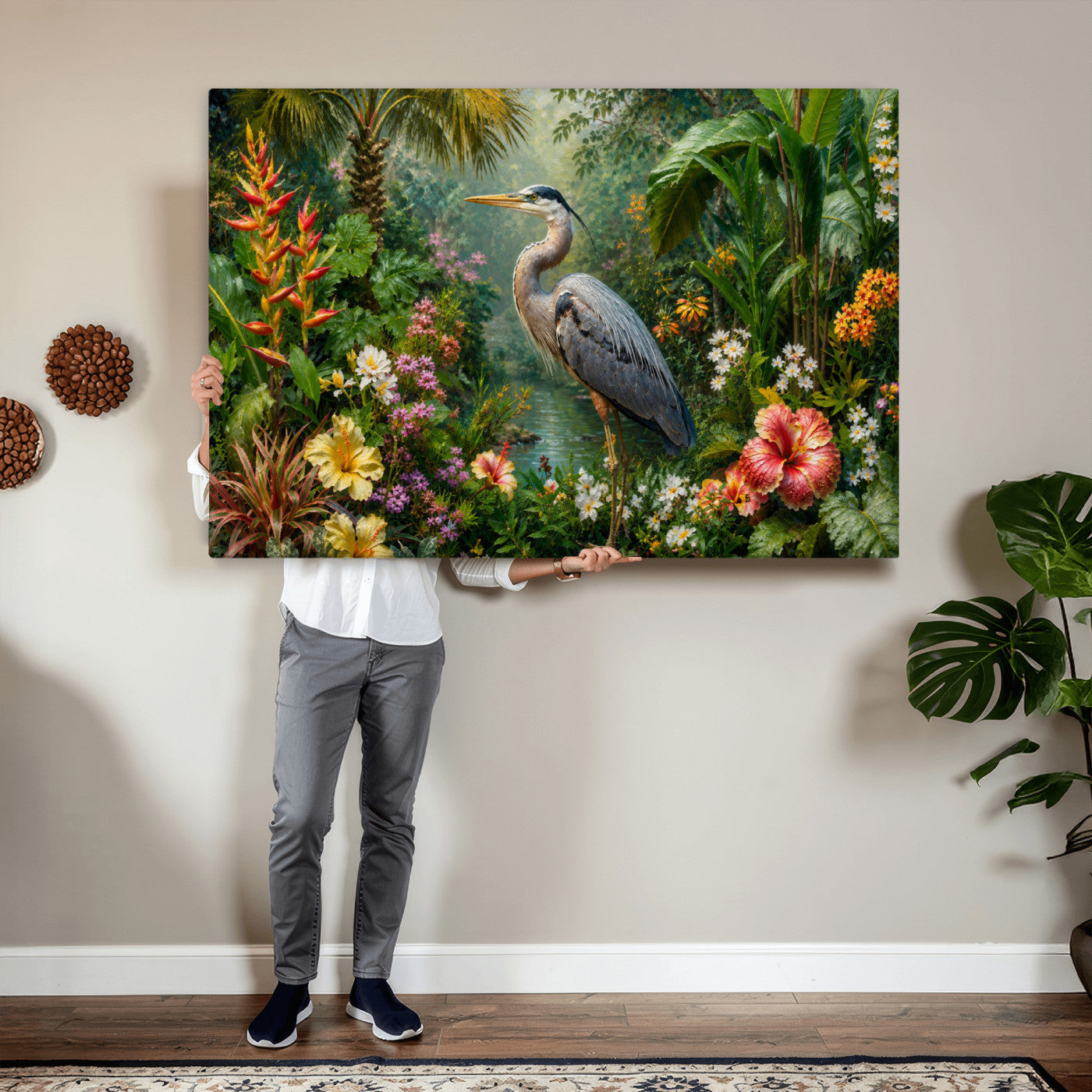 81059387-MGV-CV-36X24 - Great Blue Heron Tropical Jungle Wall Art Canvas Print, Exotic Botanical Garden Painting Print