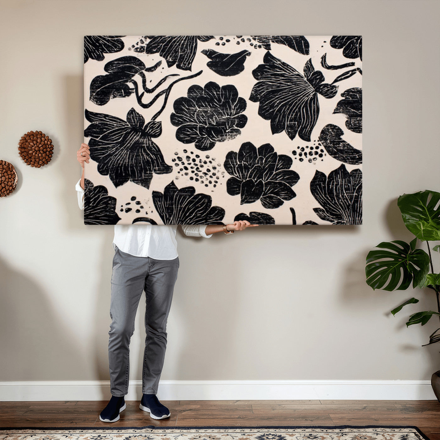 81787117-MGV-CV-36X24 - Linocut Black Lotus Floral Wall Art Canvas Print, Vintage Monochrome Botanical Painting Print