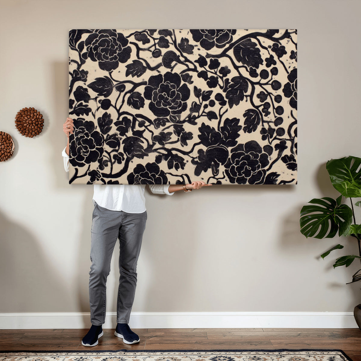 86696255-MGV-CV-36X24 - Vintage Black and Cream Floral Wall Art Canvas Print, Chinoiserie Botanical Painting Print