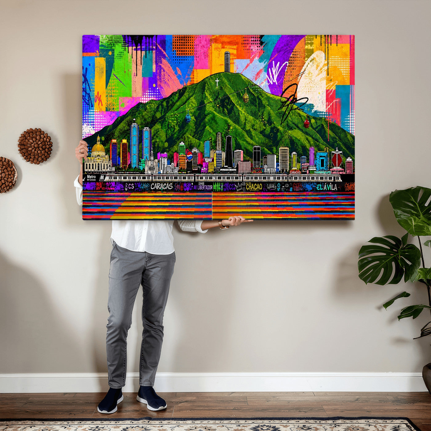 86696255-MGV-CV-36X24 - Mount Ávila, Caracas, Venezuela Wall Art Print by Artist Yorlette - Graffiti Caracas Skyline Canvas Art, Colorful Street Artwork - Venezuela El Avila Poster Print