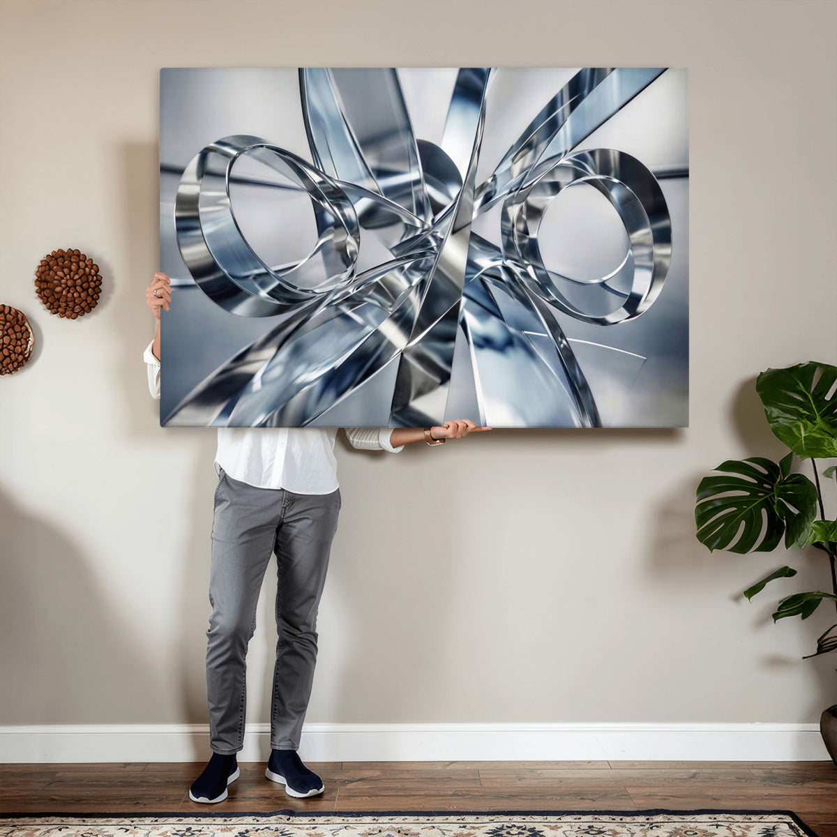 70036312-MGV-CV-36X24 - Modern Chrome Abstract Canvas Wall Art, Futuristic Silver Metallic Print