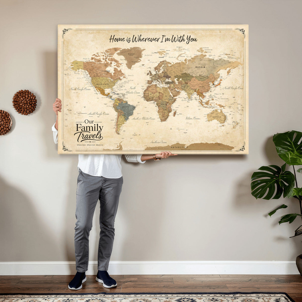 94272126-MGV-CV-36X24 - Our Family Adventures Push Pin World Map Wall Art Canvas Print - Family Travel Tracker Map with Pins