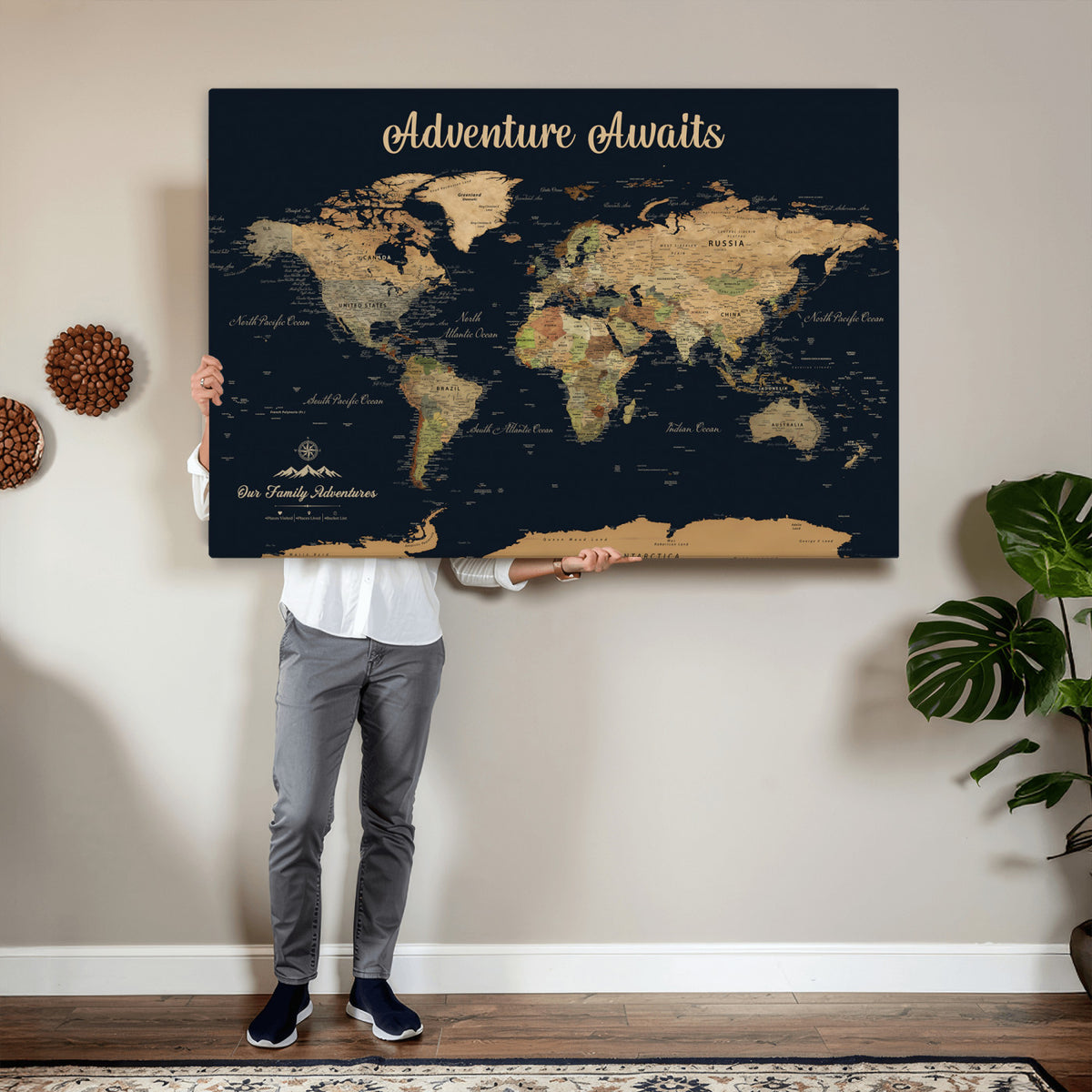 88994085-MGV-CV-36X24 - Our Family Adventures Push Pin World Map Wall Art Canvas Print - Family Travel Tracker Map with Pins